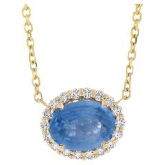 NEW 14k Gold 3.34ctw GIA Oval Blue Sapphire Diamond Halo Pendant Necklace