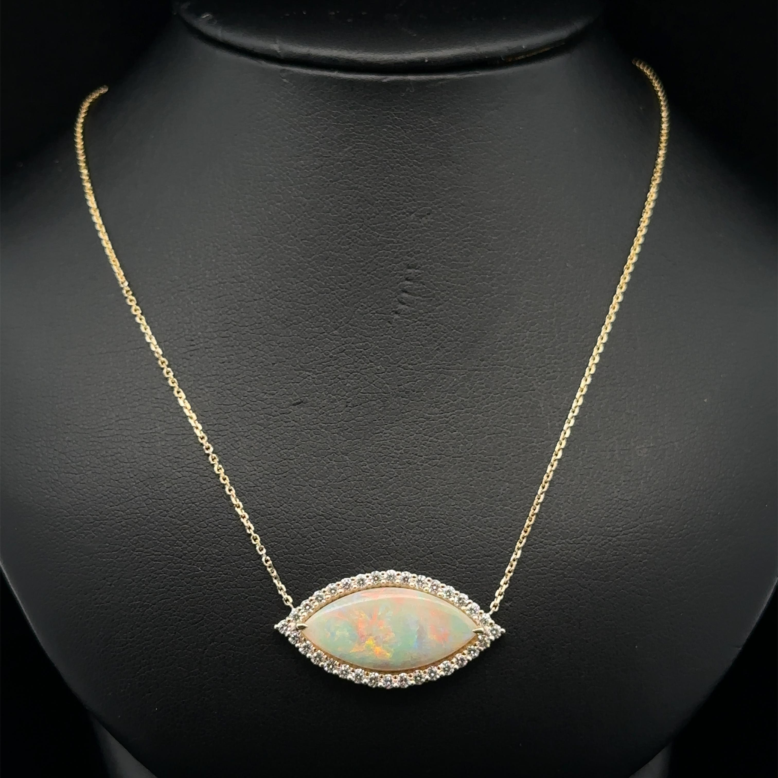New 14k Gold 4.49ctw Marquise Opal w/ Diamond Halo Pendant Adjustable Necklace In New Condition For Sale In Montclair, NJ