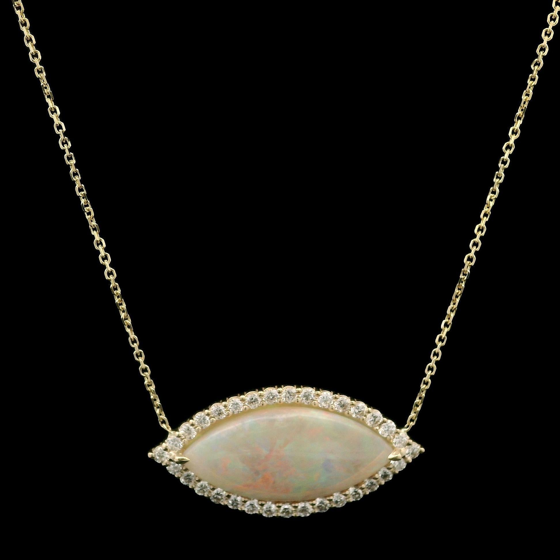 Women's New 14k Gold 4.49ctw Marquise Opal w/ Diamond Halo Pendant Adjustable Necklace For Sale