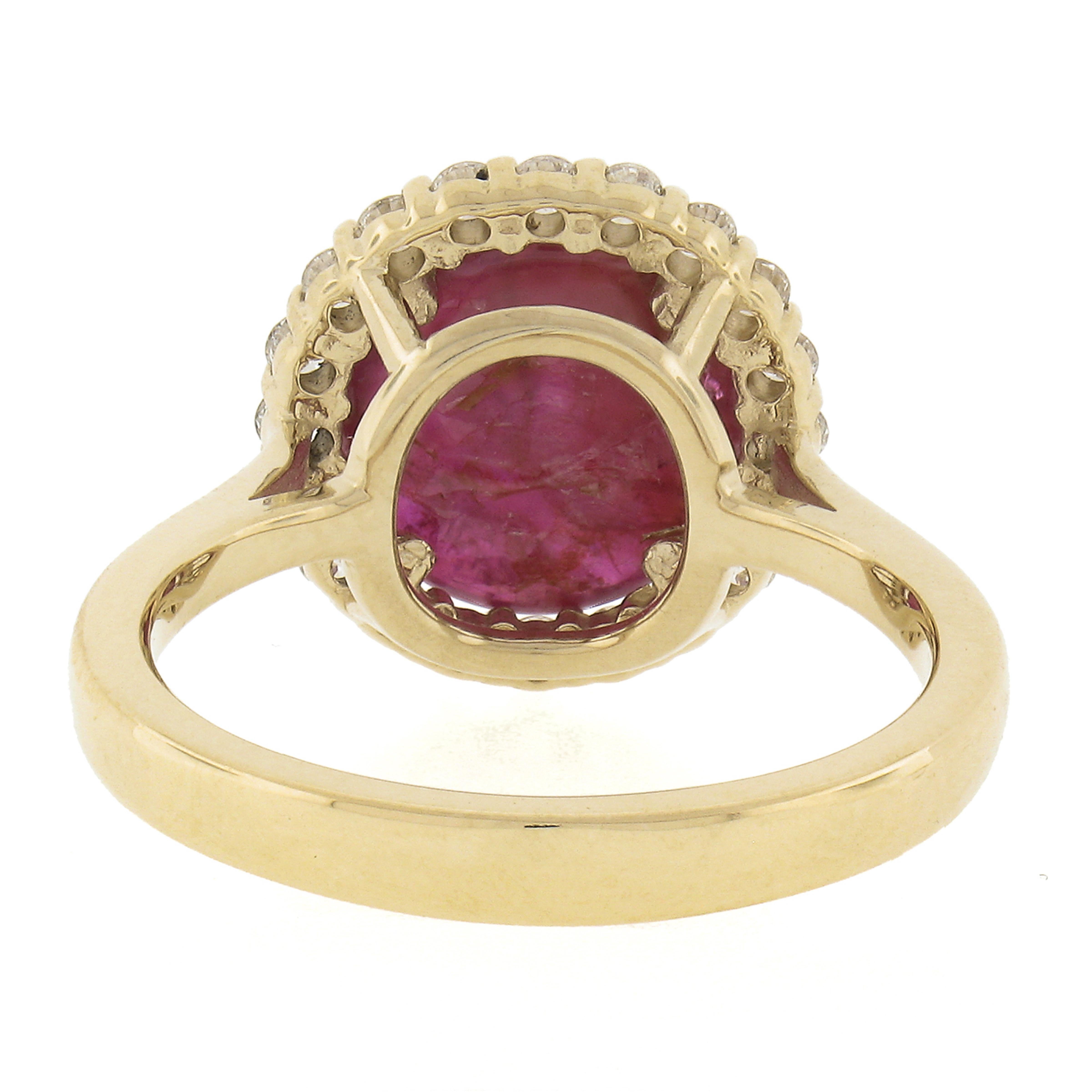 Women's New 14k Gold 4.66ctw Gia No Heat Oval Cabochon Burma Ruby & Diamond Halo Ring For Sale
