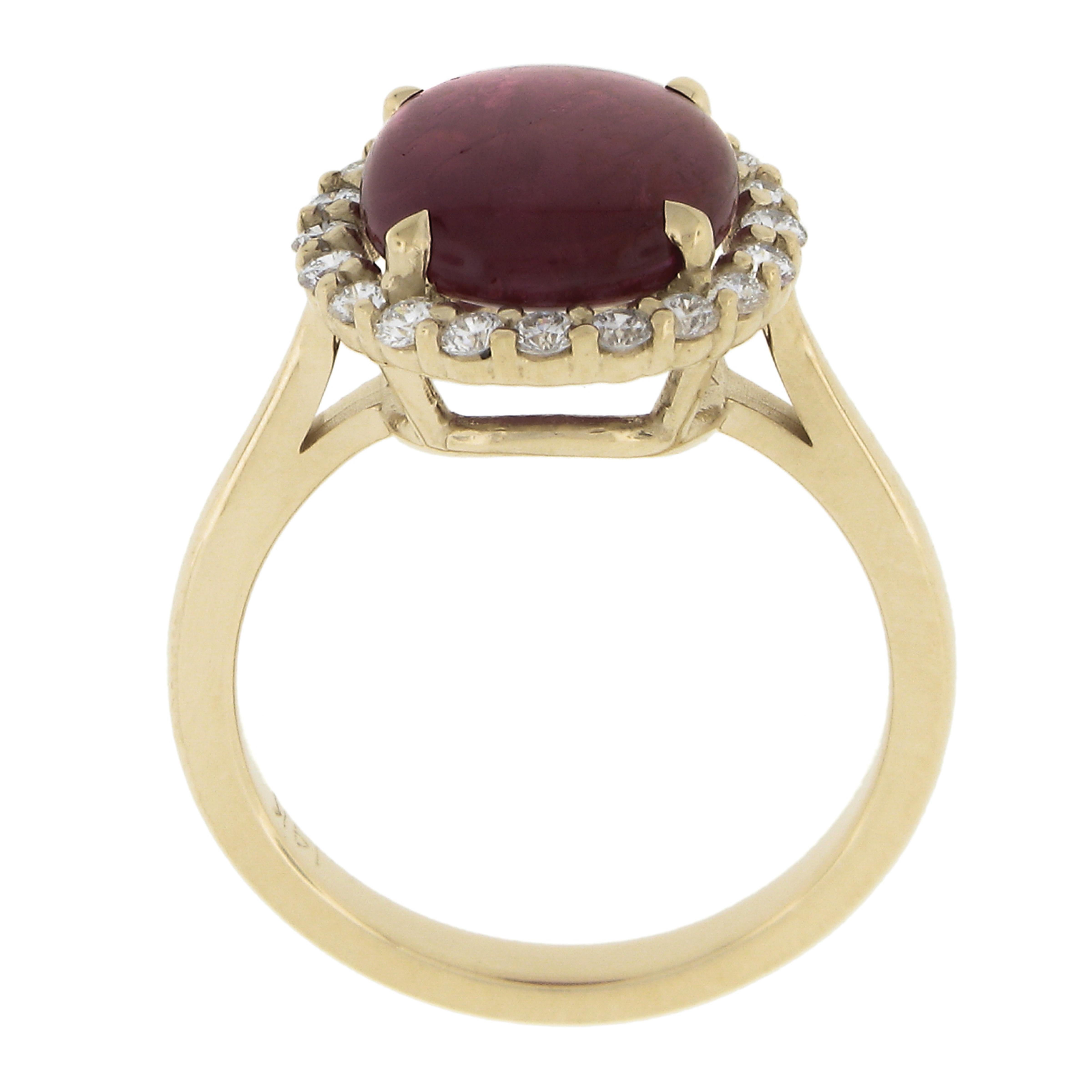 New 14k Gold 4.66ctw Gia No Heat Oval Cabochon Burma Ruby & Diamond Halo Ring For Sale 1