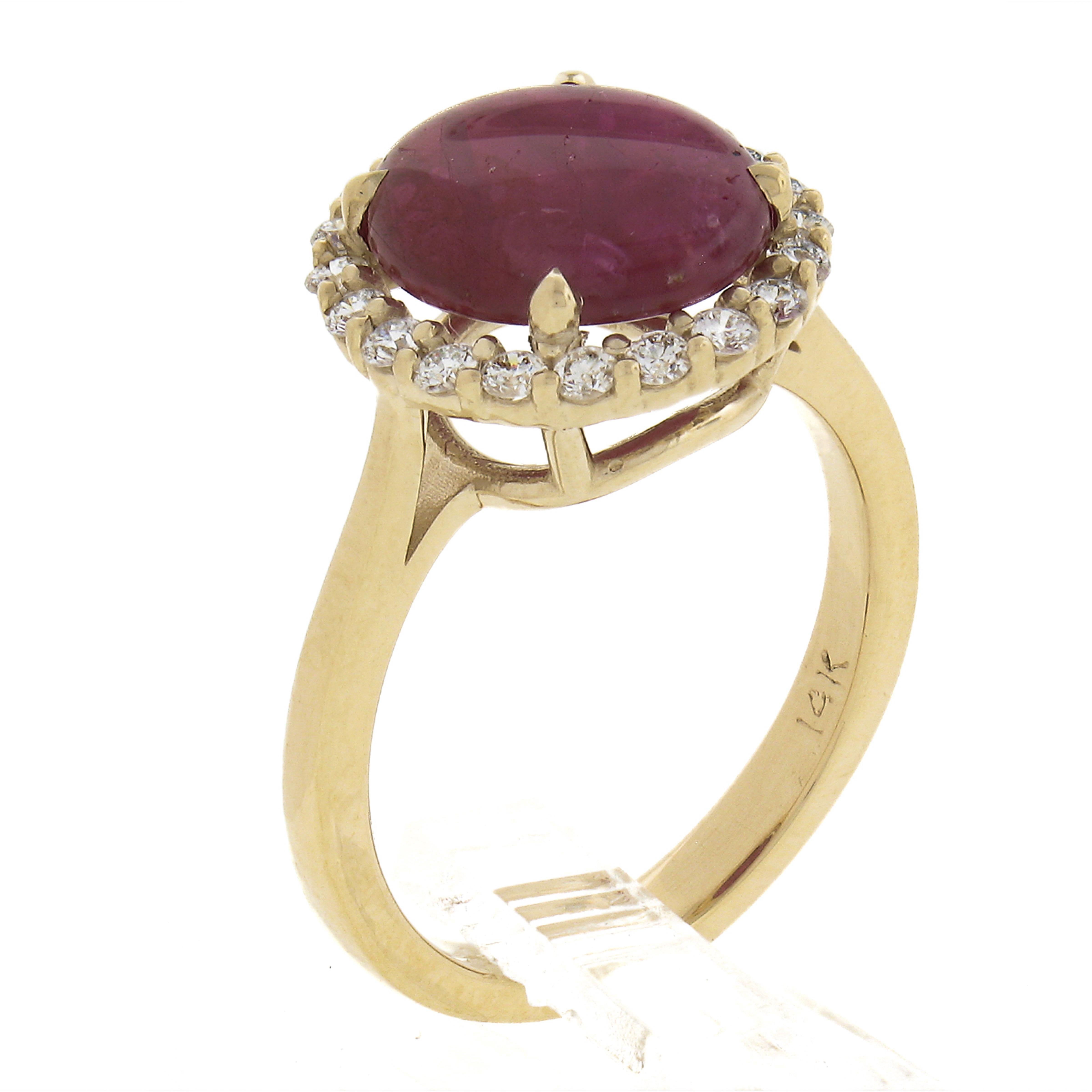New 14k Gold 4.66ctw Gia No Heat Oval Cabochon Burma Ruby & Diamond Halo Ring For Sale 2
