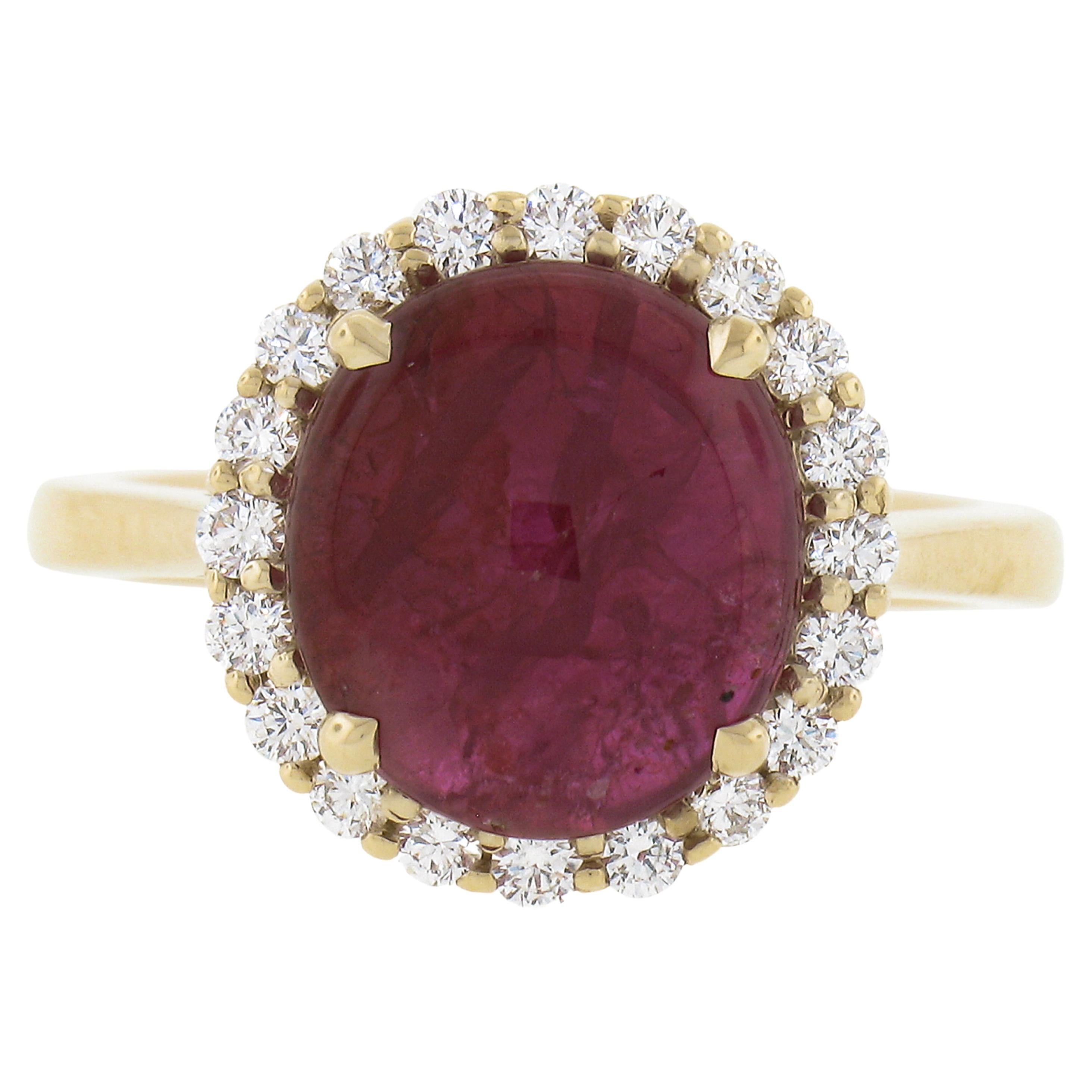 New 14k Gold 4.66ctw Gia No Heat Oval Cabochon Burma Ruby & Diamond Halo Ring For Sale