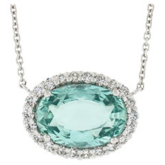 New 14k Gold 5.76ct Oval Aquamarine & Diamonds Halo Pendant & Adjustable Chain