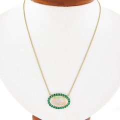 NEW 14k Gold 6.31ctw GIA Oval Cabochon Opal w/ Emerald Halo Pendant Necklace