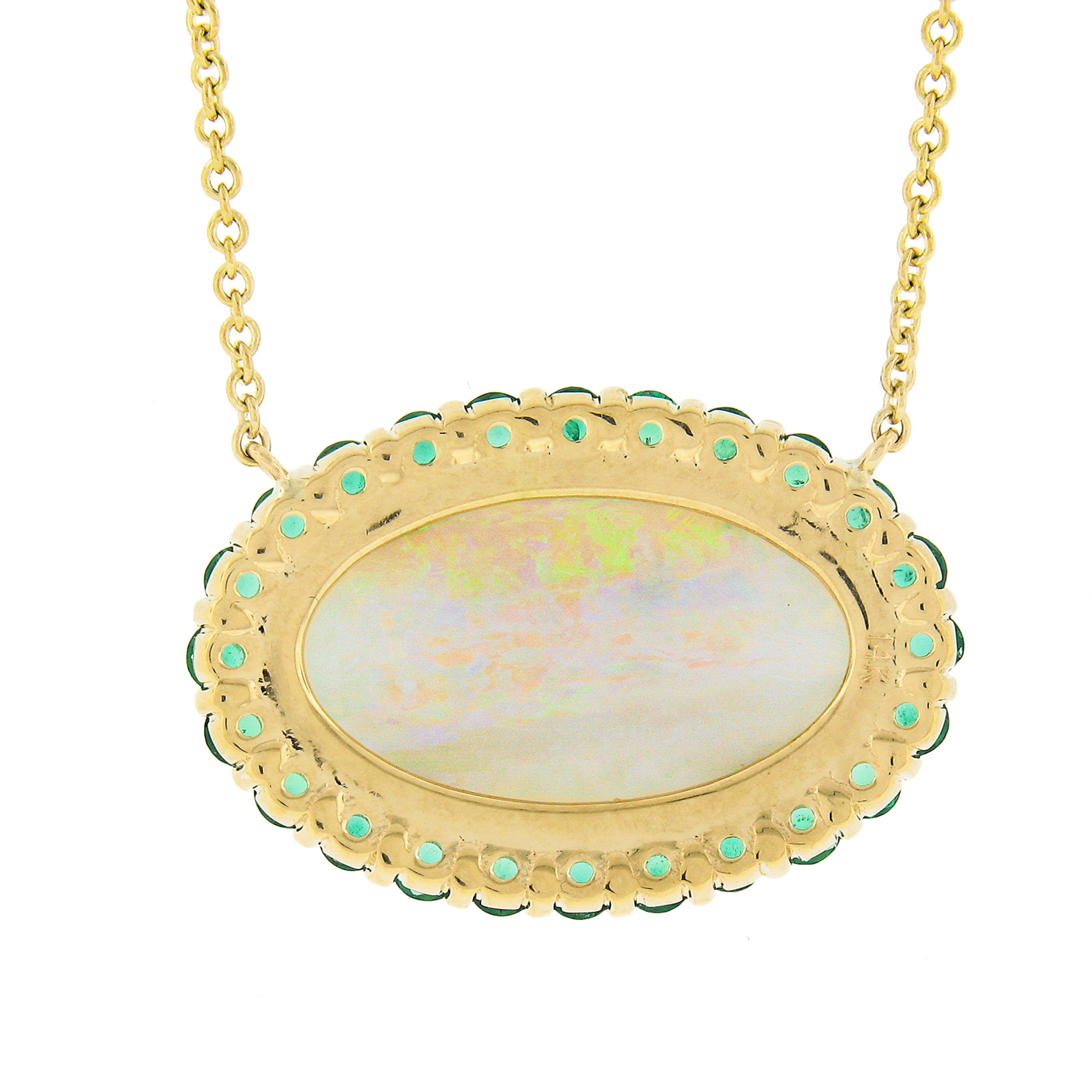 Women's NEW 14k Gold 6.31ctw GIA Oval Cabochon Opal w/ Emerald Halo Pendant Necklace For Sale