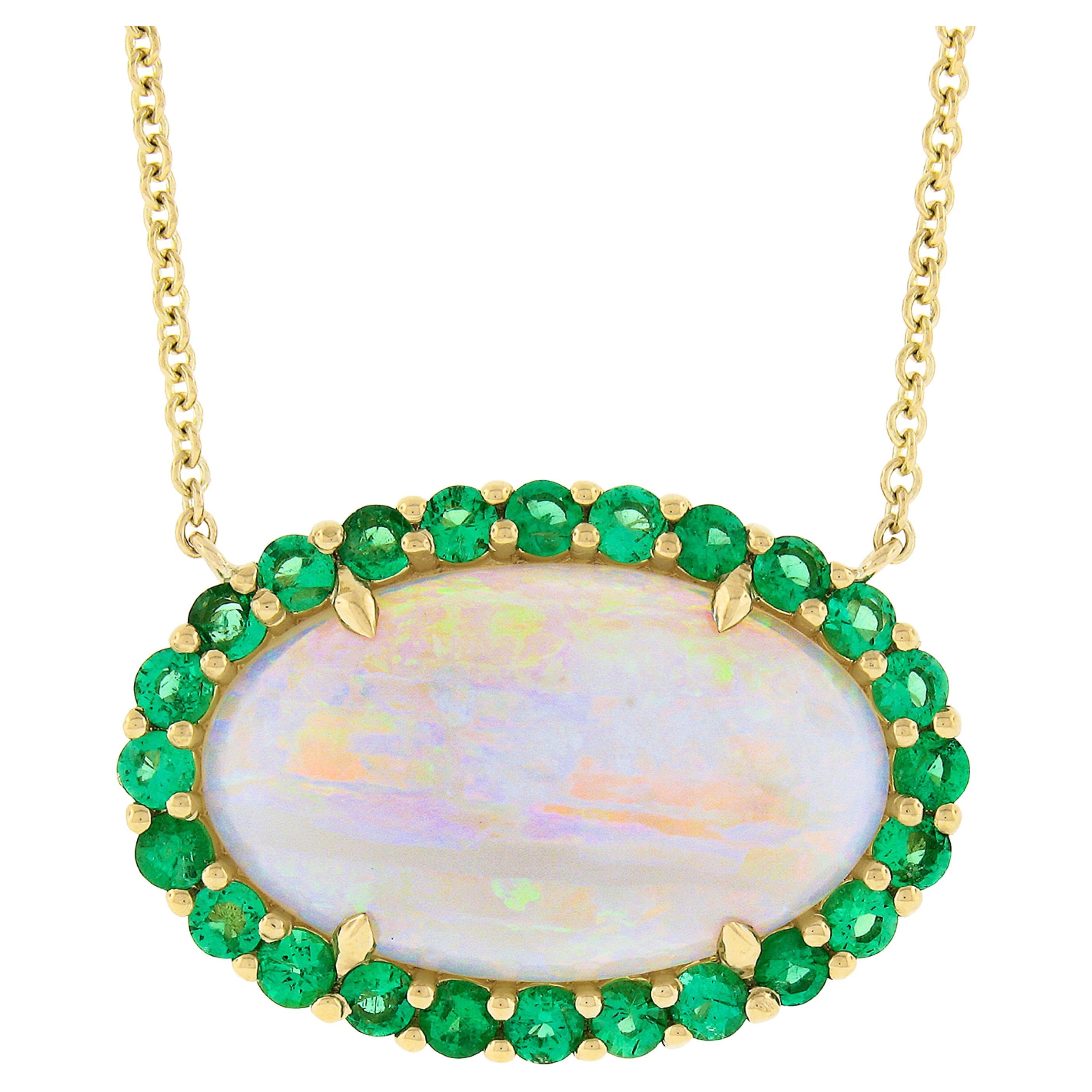 NEW 14k Gold 6.31ctw GIA Oval Cabochon Opal w/ Emerald Halo Pendant Necklace For Sale