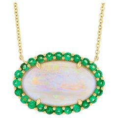 NEW 14k Gold 6.31ctw GIA Oval Cabochon Opal w/ Emerald Halo Pendant Necklace
