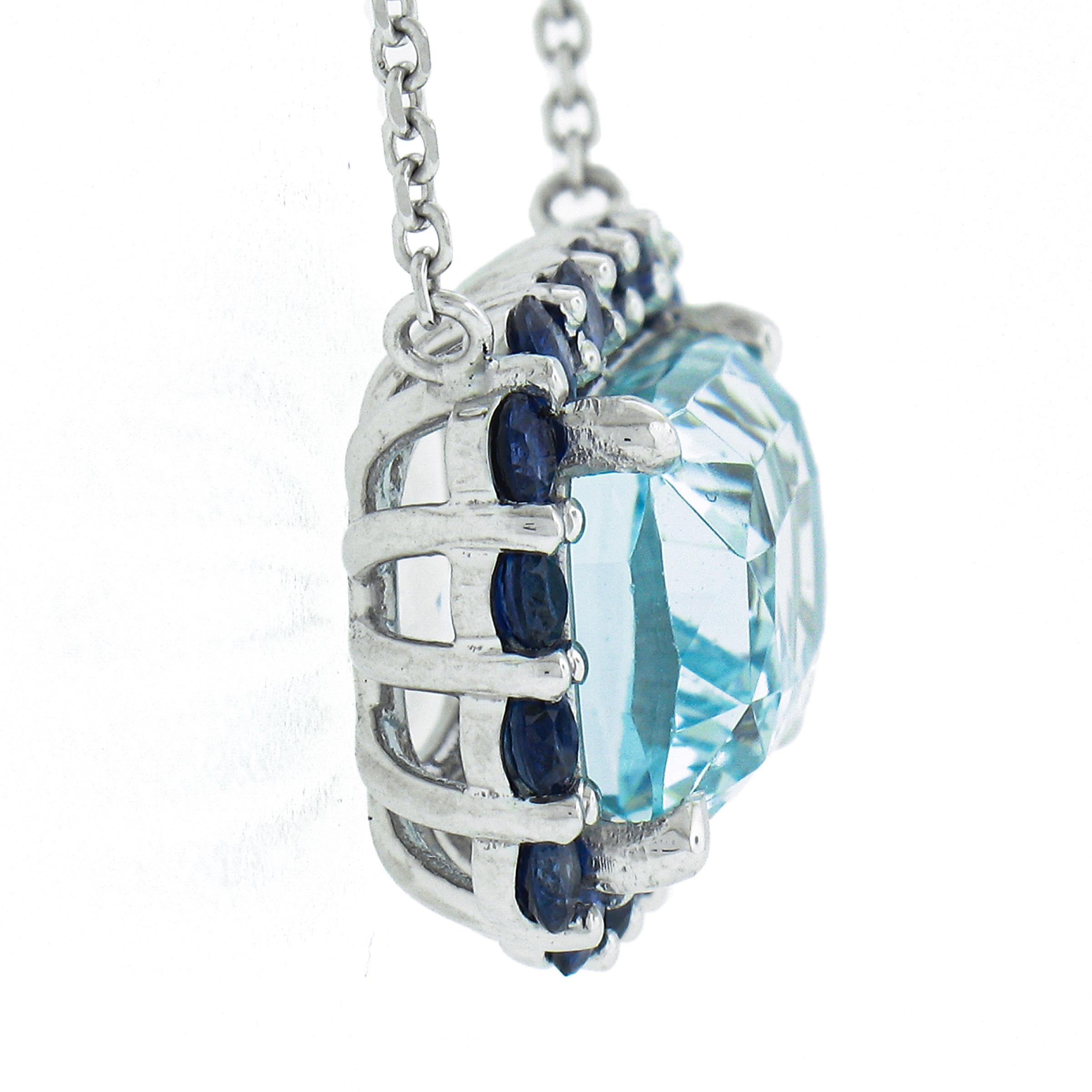 New 14k Gold 6.57ct Cushion Aquamarine & Sapphire Pendant & Adjustable Chain In New Condition For Sale In Montclair, NJ