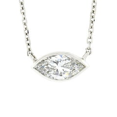 New 14K Gold .66ct GIA Marquise Bezel Diamond Solitaire Pendant Adjustable Chain