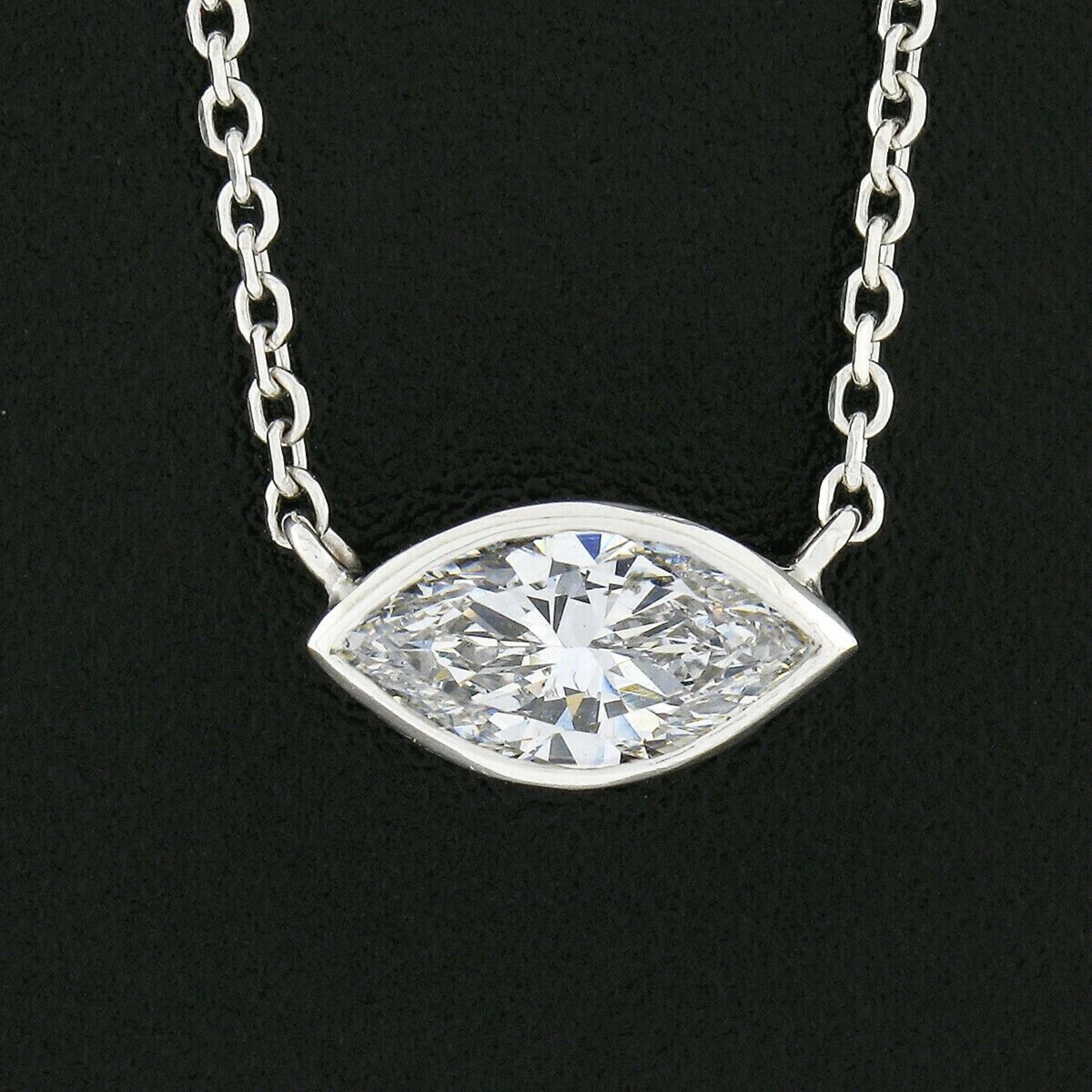 Marquise Cut New 14K Gold .66ct GIA Marquise Bezel Diamond Solitaire Pendant Adjustable Chain For Sale
