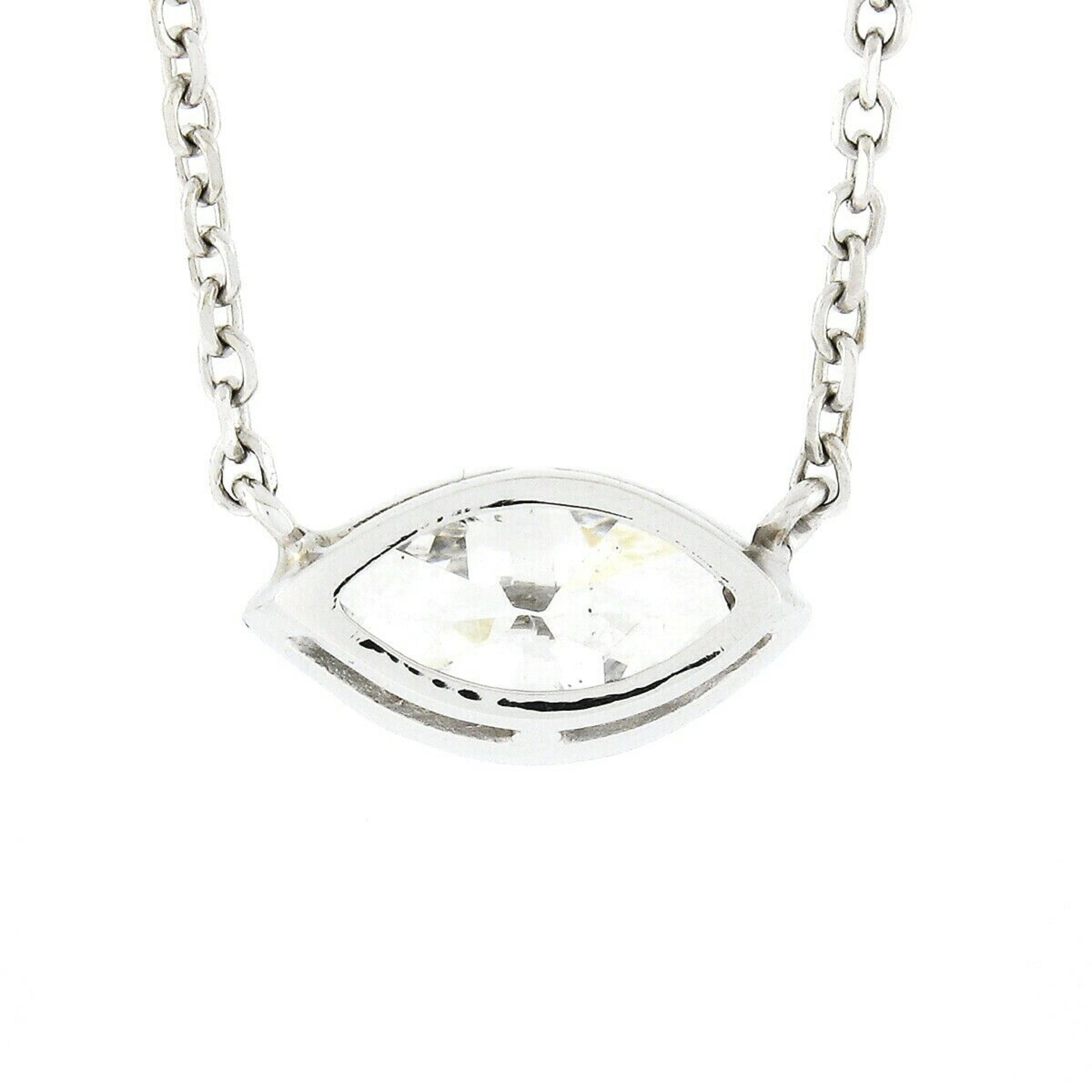 New 14K Gold .66ct GIA Marquise Bezel Diamond Solitaire Pendant Adjustable Chain For Sale 1