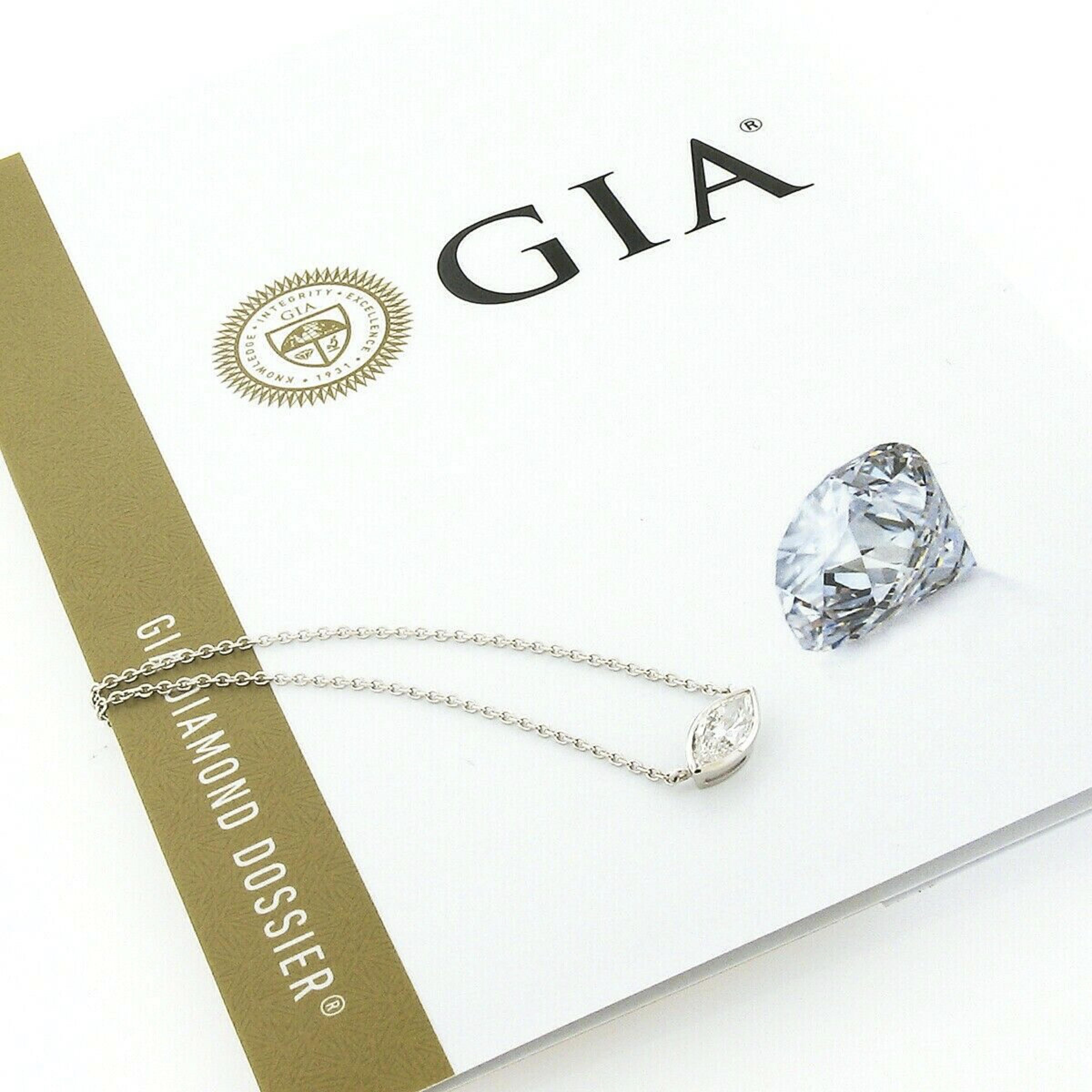New 14K Gold .66ct GIA Marquise Bezel Diamond Solitaire Pendant Adjustable Chain For Sale 3