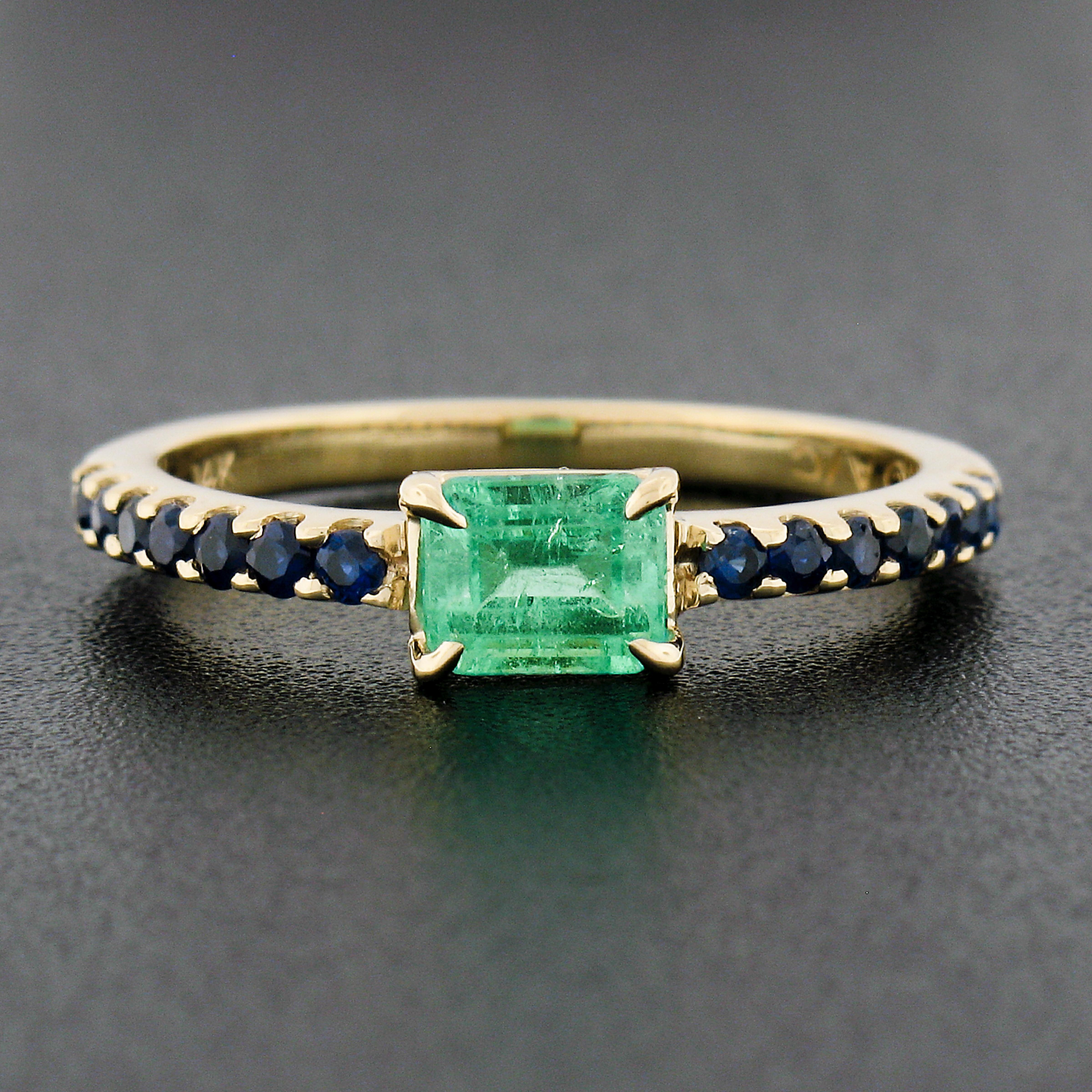 Emerald Cut New 14k Gold Colombian Emerald & Sapphire Sideways Engagement Stack Band Ring For Sale