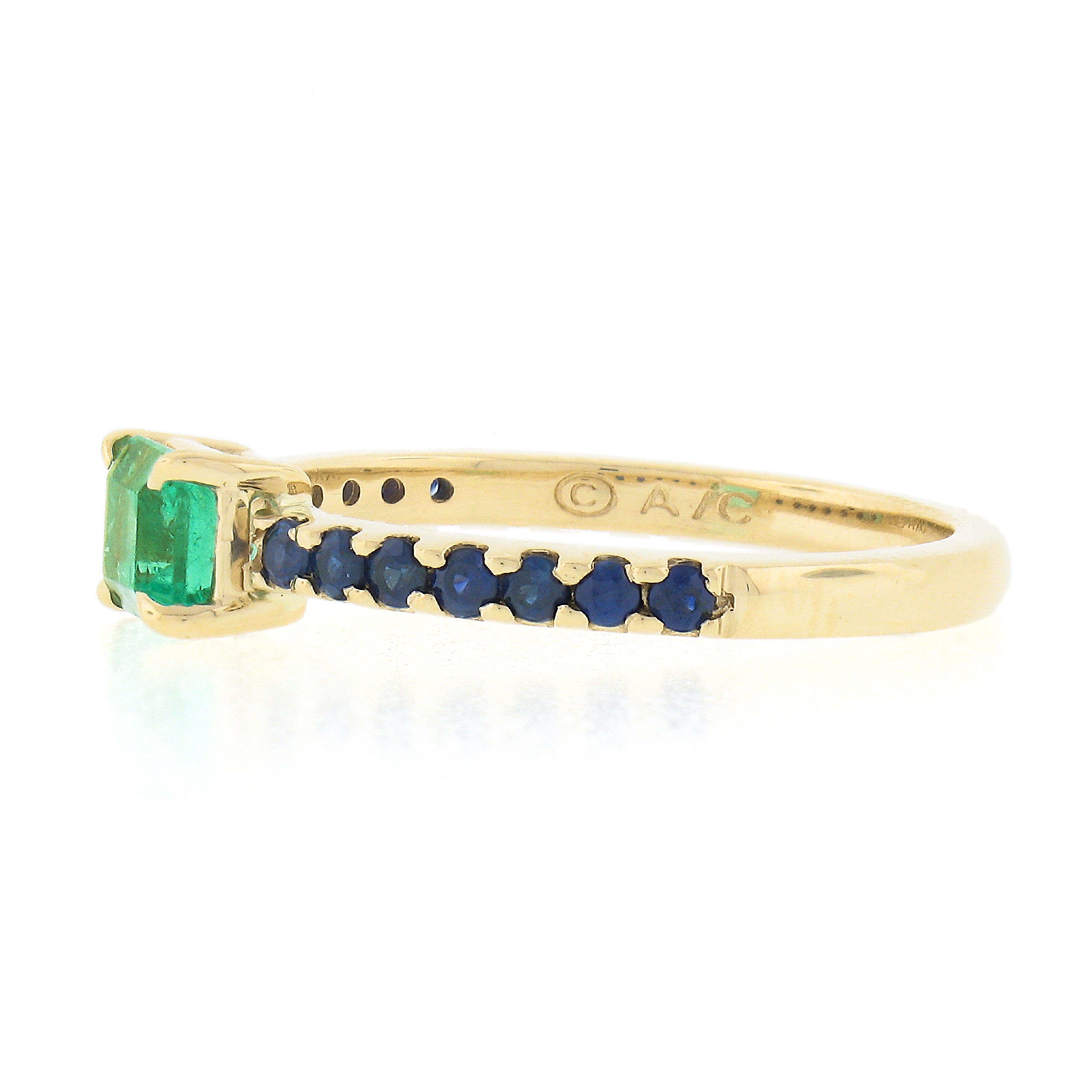 Women's New 14k Gold Colombian Emerald & Sapphire Sideways Engagement Stack Band Ring For Sale