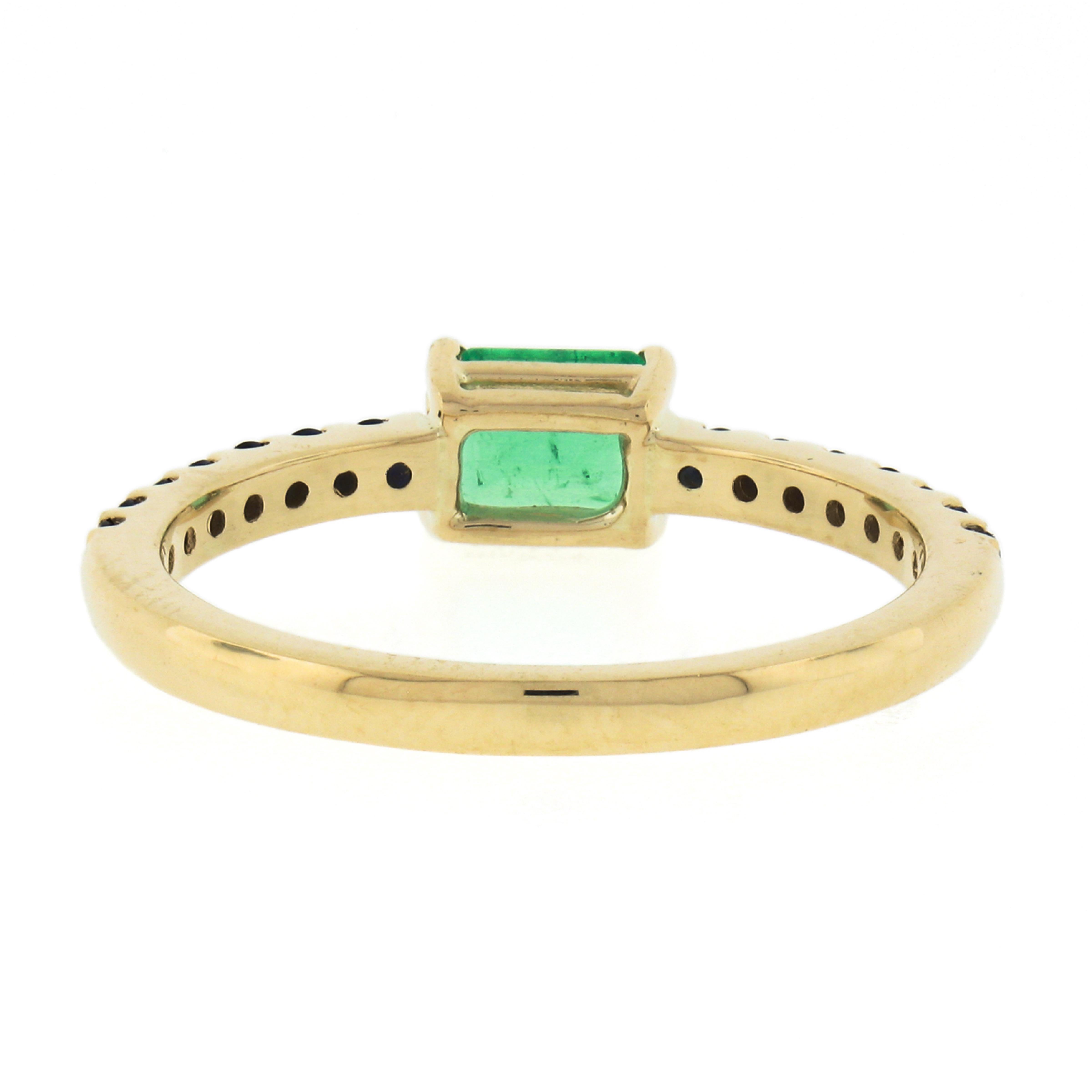 New 14k Gold Colombian Emerald & Sapphire Sideways Engagement Stack Band Ring For Sale 1