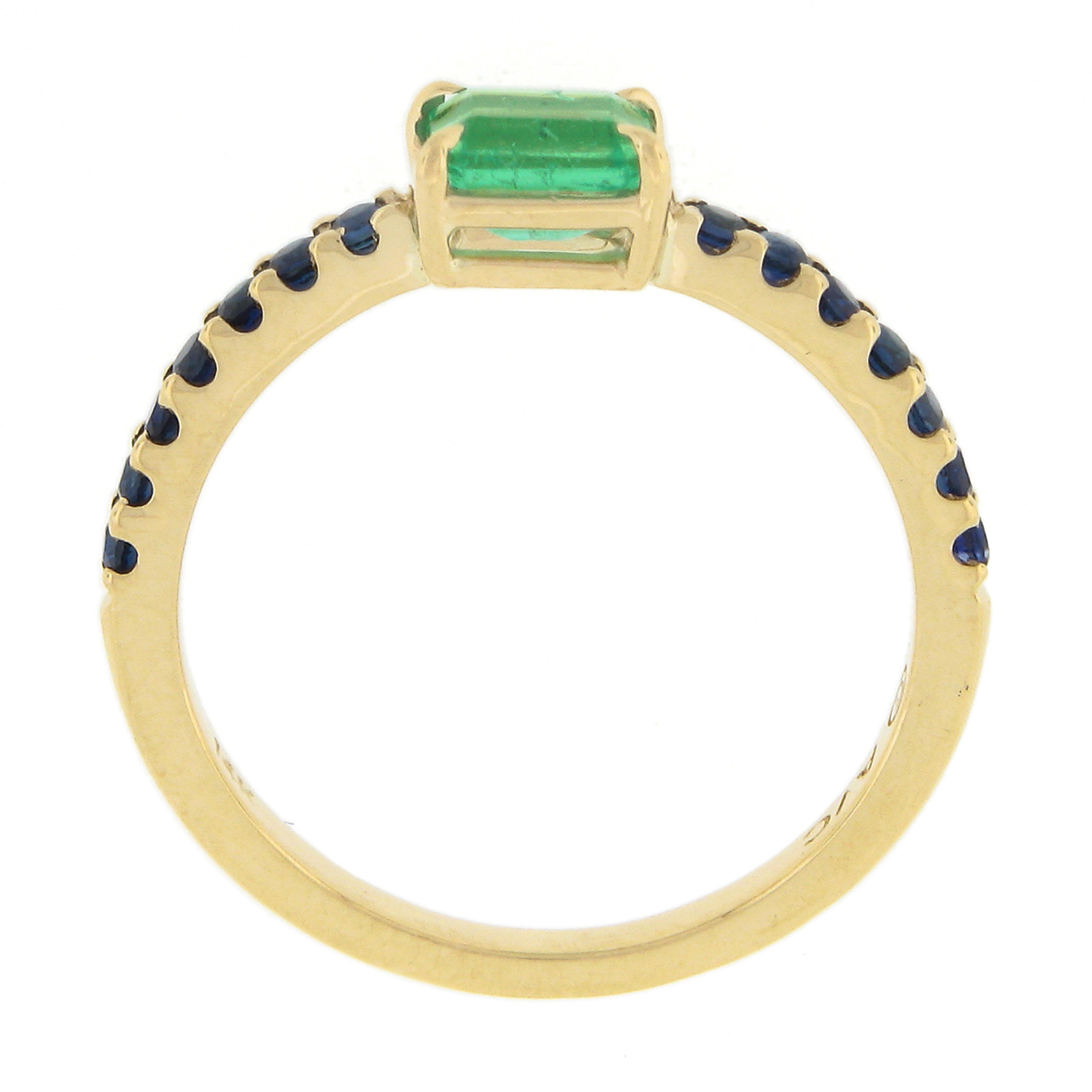 New 14k Gold Colombian Emerald & Sapphire Sideways Engagement Stack Band Ring For Sale 2