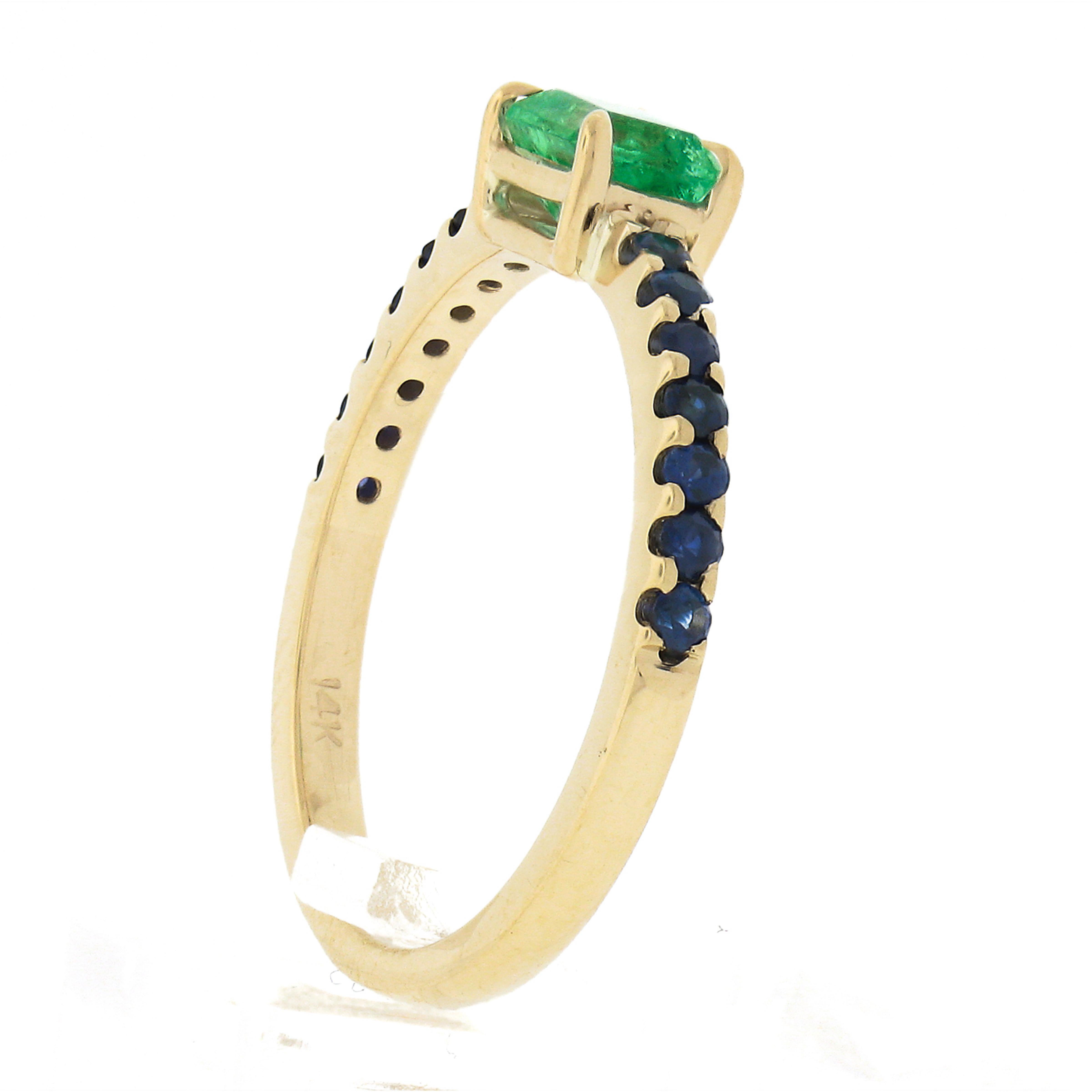 New 14k Gold Colombian Emerald & Sapphire Sideways Engagement Stack Band Ring For Sale 3