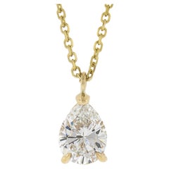 New 14k Gold GIA 0.84ct Pear Tear Drop Diamond Solitaire Slide Pendant on Chain