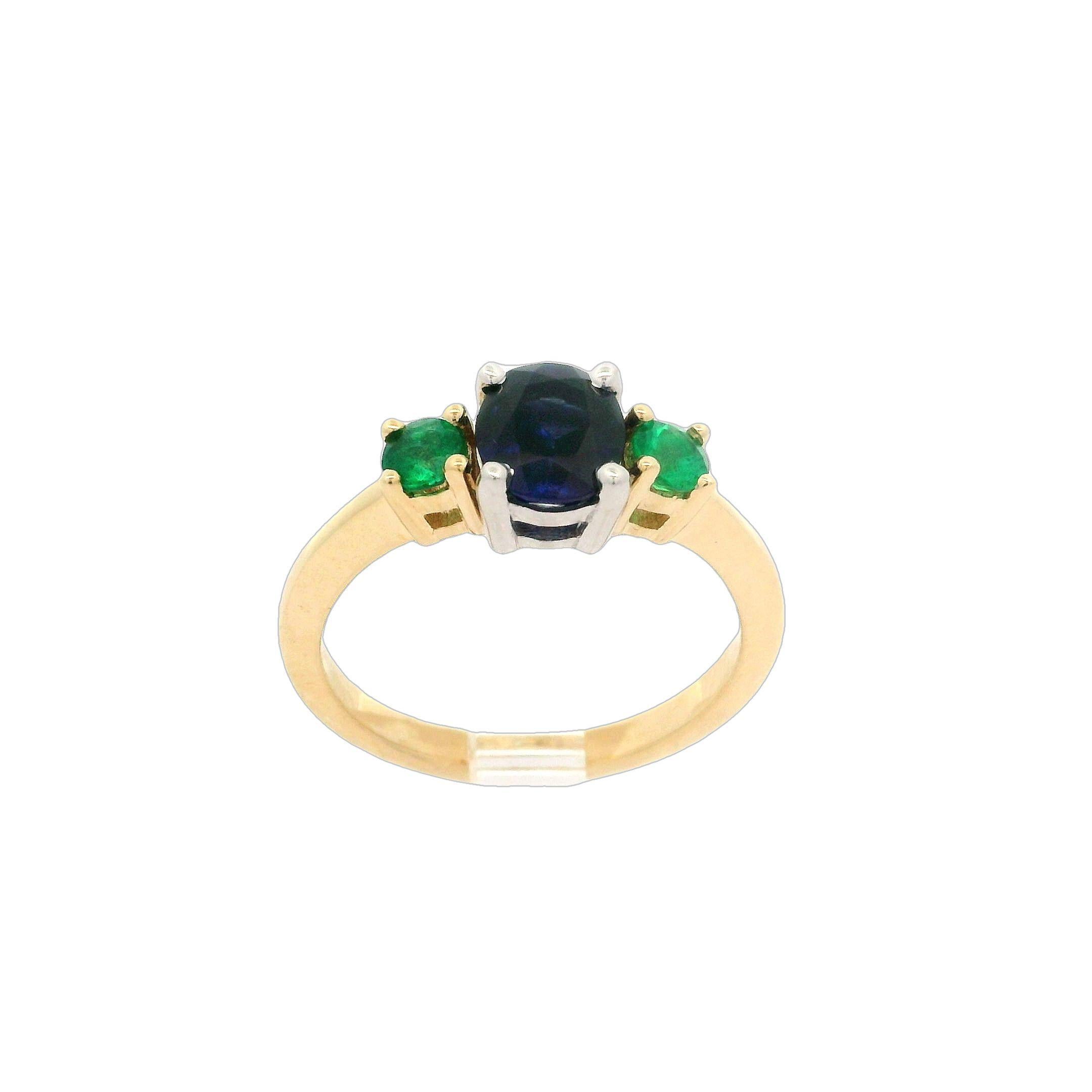 Neuer 14k Gold GIA 1,27ctw Oval Saphir & runder Smaragd Seiten 3 Stein Ring im Angebot 5