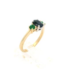New 14k Gold GIA 1.27ctw Oval Sapphire & Round Emerald Sides 3 Stone Ring