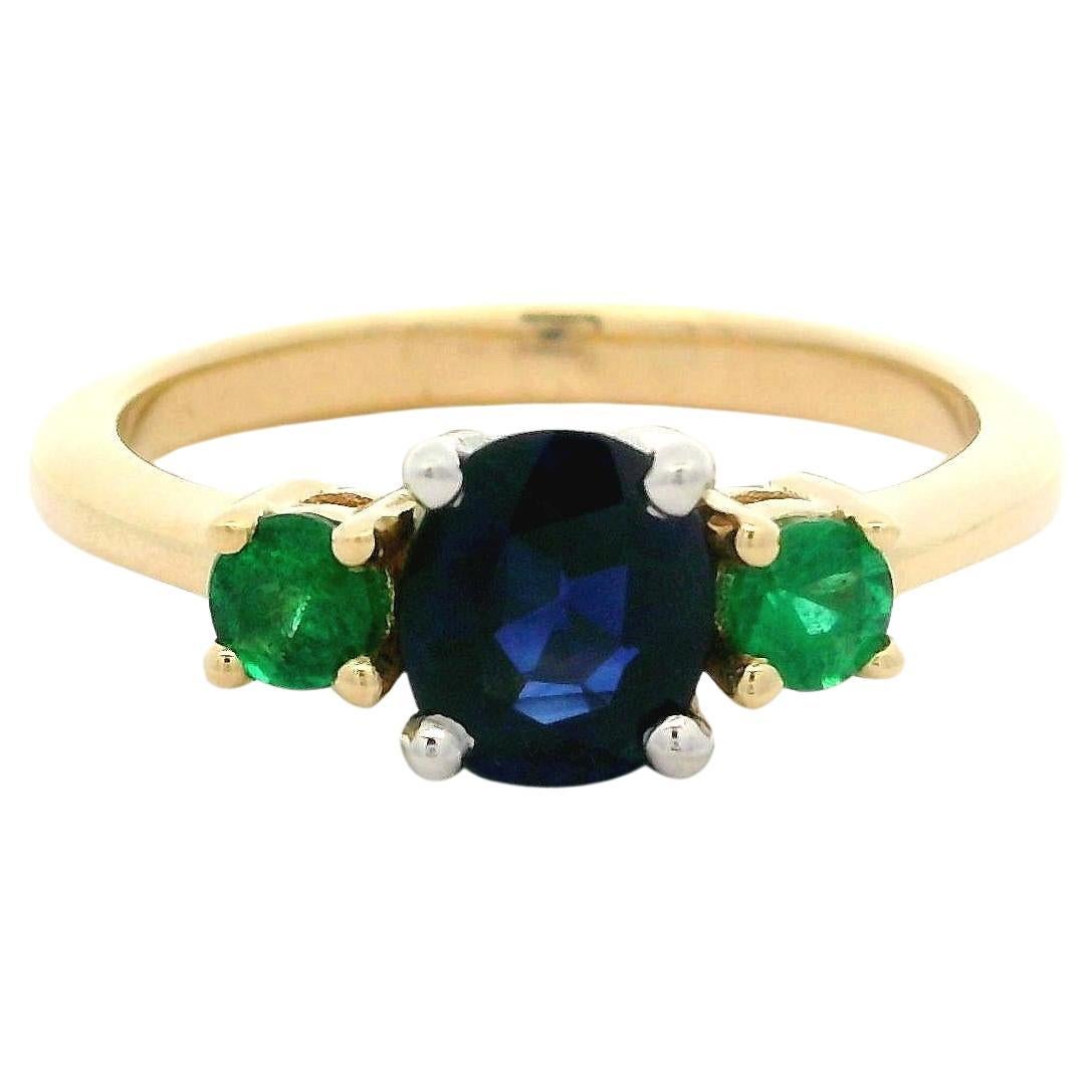 Neuer 14k Gold GIA 1,27ctw Oval Saphir & runder Smaragd Seiten 3 Stein Ring