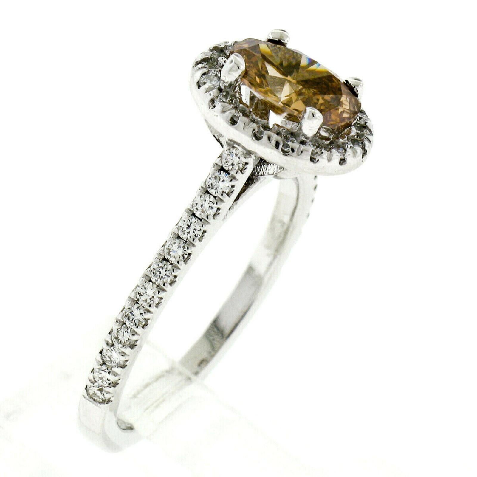 New 14 Karat Gold GIA 1.53 Carat Fancy Brown Orange Oval Diamond Halo Ring In New Condition For Sale In Montclair, NJ
