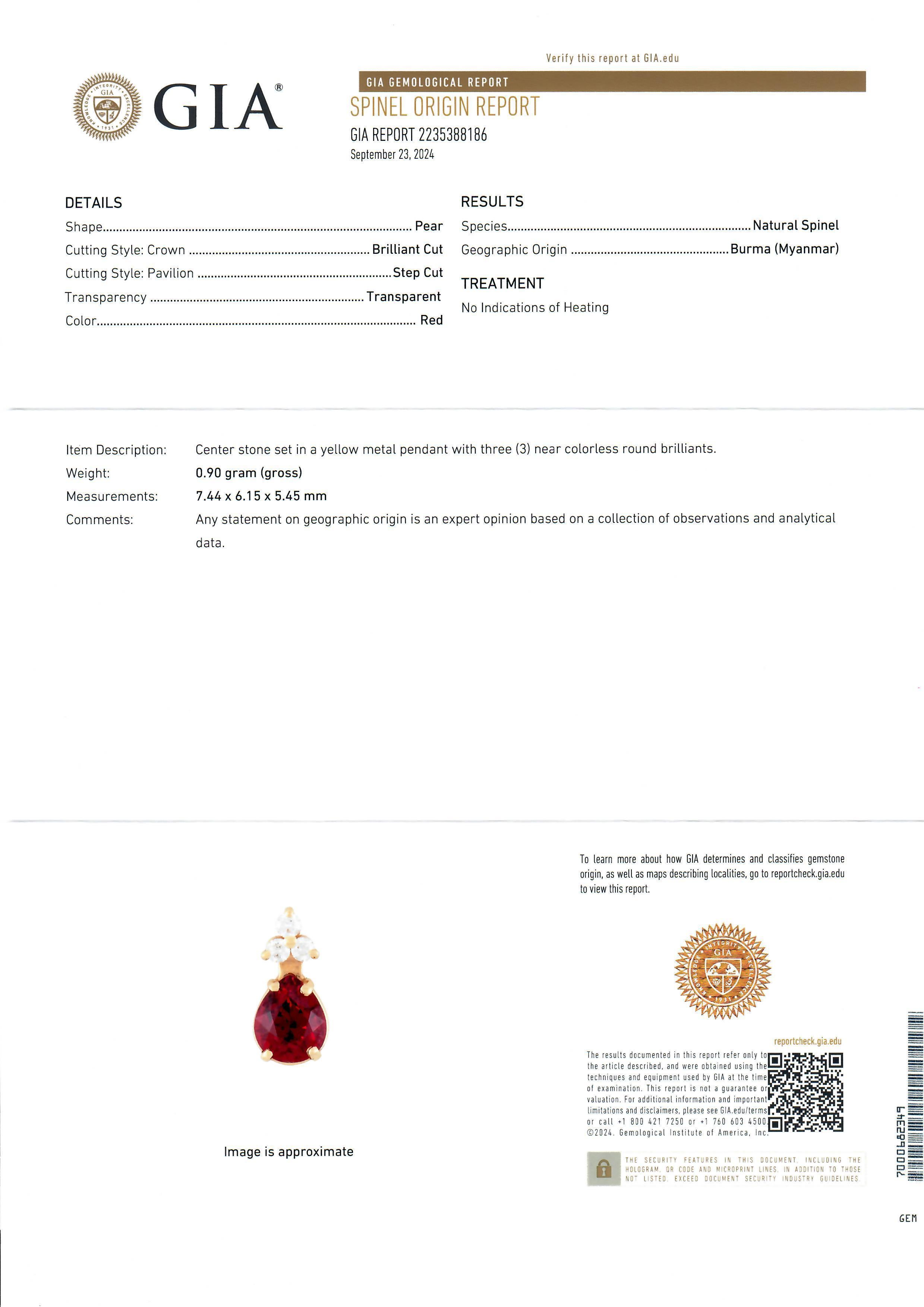 Neu 14k Gold GIA 2,17ctw Birnenförmiger burmesischer Spinell & Diamant-Anhänger Verstellbare Halskette Damen im Angebot