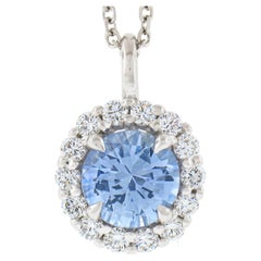 NEW 14k Gold GIA Ceylon NO HEAT Round Sapphire w/ Diamond Halo Pendant & Chain