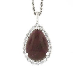 New 14k Gold GIA Pear Cabochon Ruby W/ Diamond Halo Teardrop Pendant & Chain