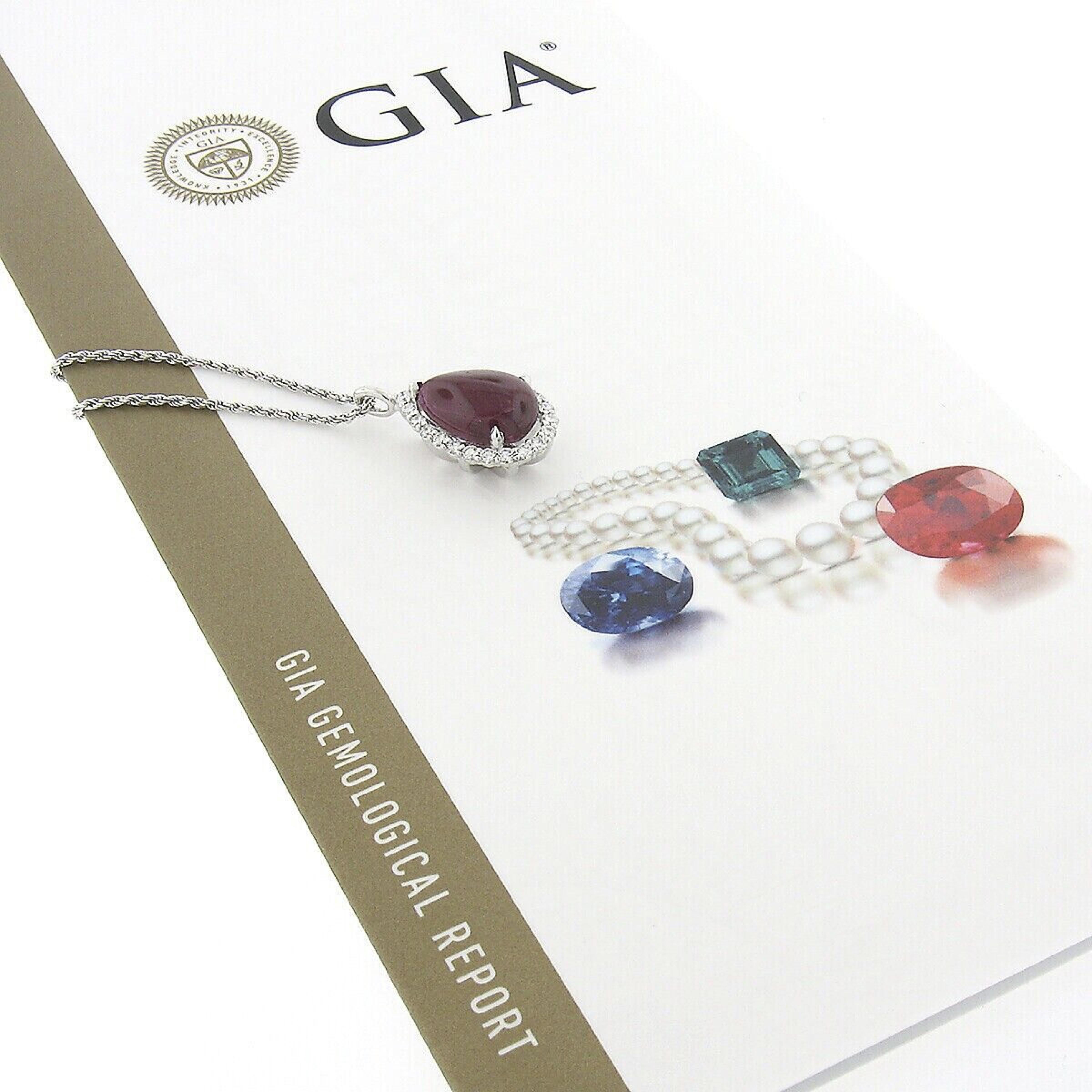 New 14k Gold GIA Pear Cabochon Ruby W/ Diamond Halo Teardrop Pendant & Chain For Sale 1
