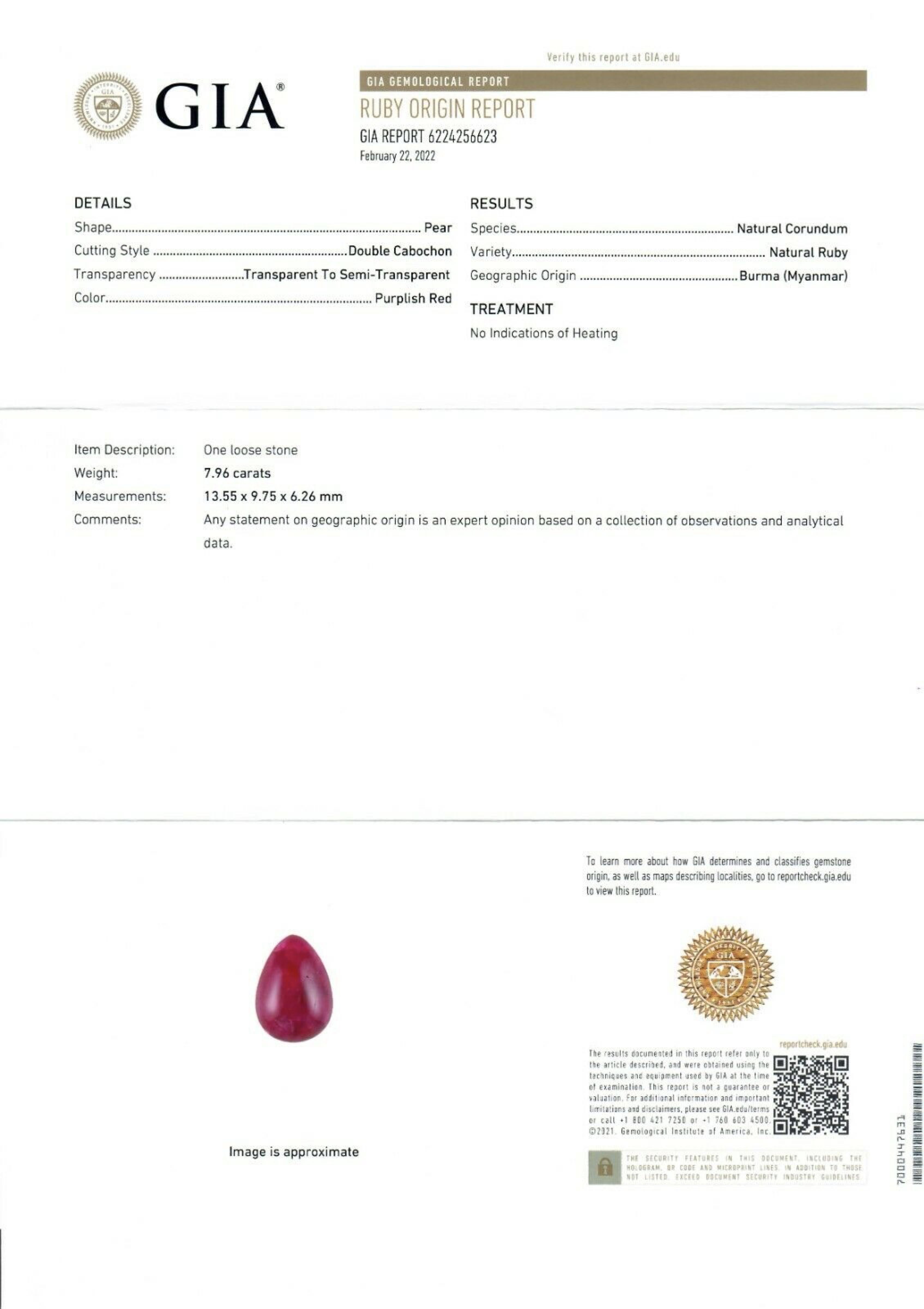 New 14k Gold GIA Pear Cabochon Ruby W/ Diamond Halo Teardrop Pendant & Chain For Sale 2