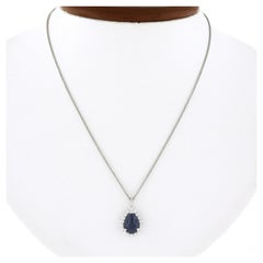 New 14k Gold Gubelin Pear Cabochon Sapphire Diamond Halo Teardrop Pendant Chain