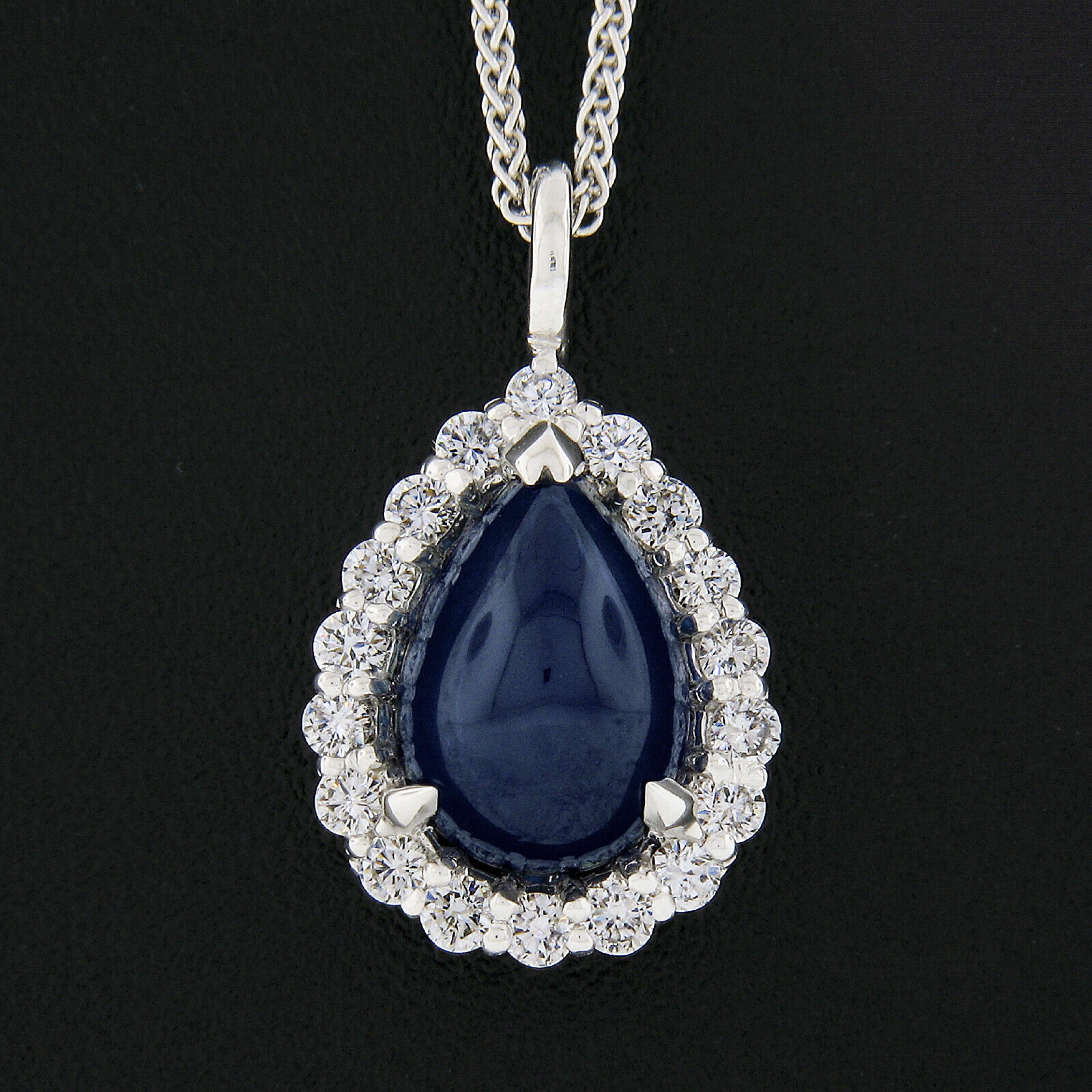Pear Cut New 14k Gold Gubelin Pear Cabochon Sapphire Diamond Halo Teardrop Pendant Chain For Sale