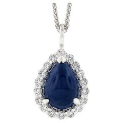 New 14k Gold Gubelin Pear Cabochon Sapphire Diamond Halo Teardrop Pendant Chain