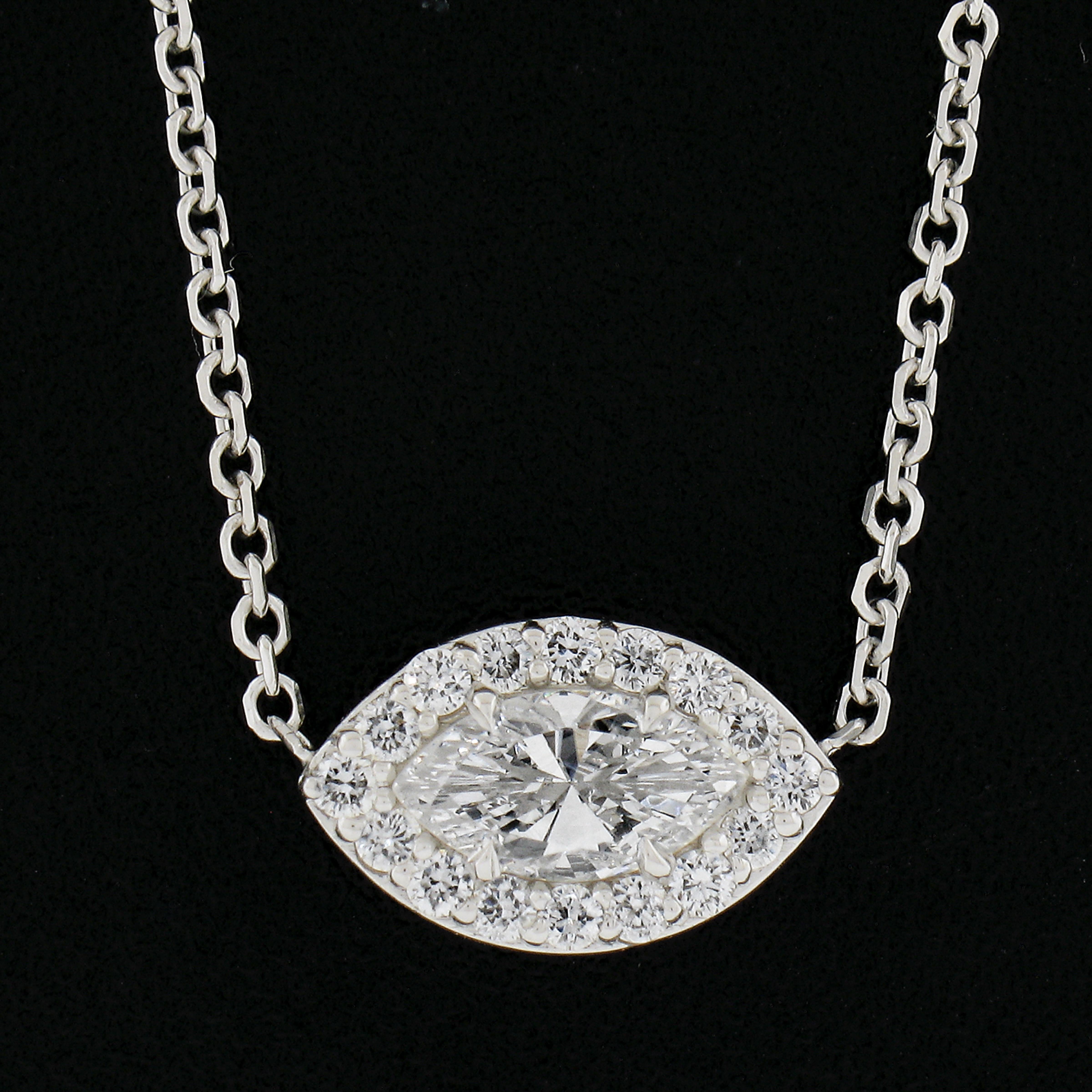 Marquise Cut NEW 14K Gold Marquise Diamond w/ Halo Eye Pendant & Adjustable Chain Necklace For Sale