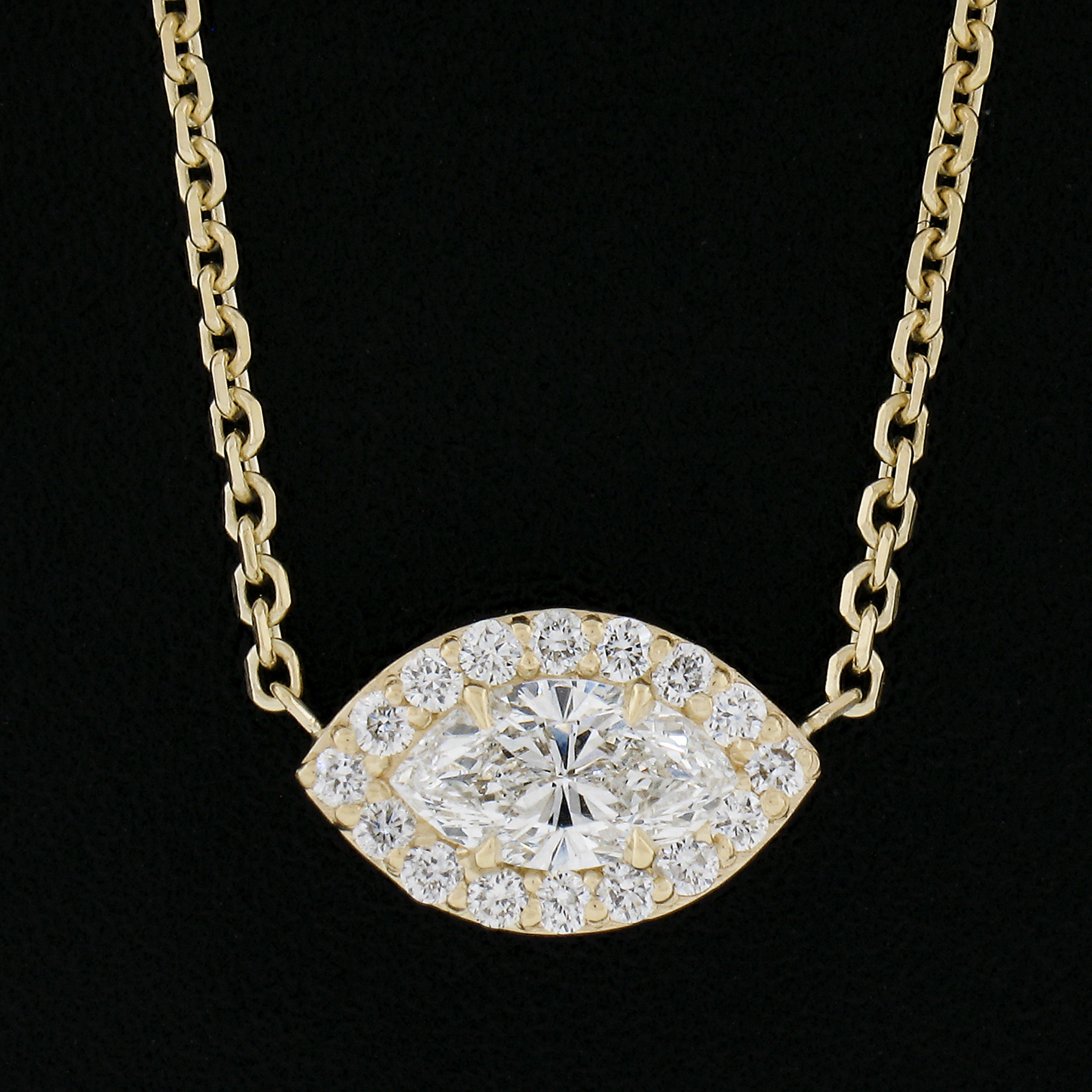 Marquise Cut NEW 14K Gold Marquise Diamond w/ Halo Eye Pendant & Adjustable Chain Necklace For Sale