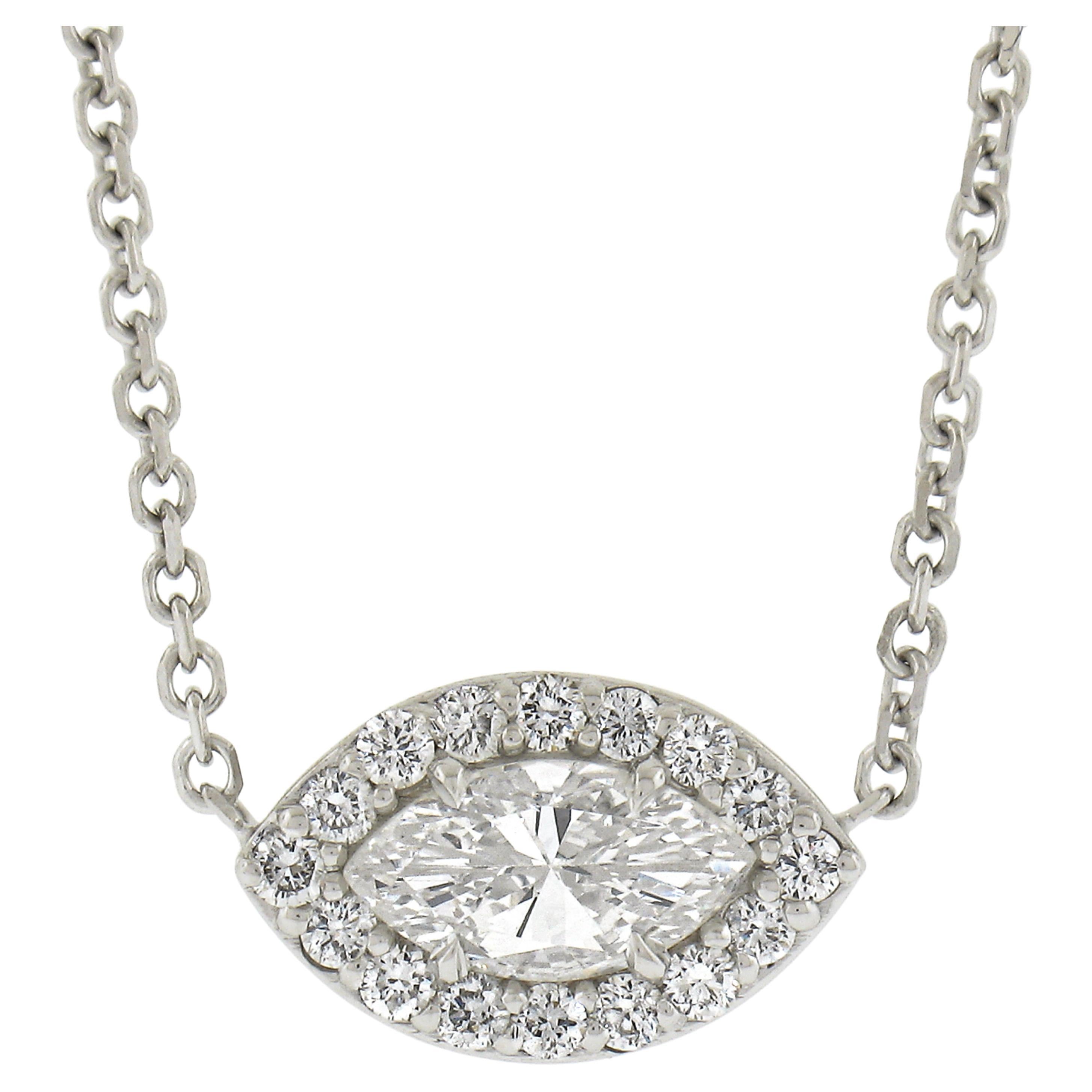 NEW 14K Gold Marquise Diamond w/ Halo Eye Pendant & Adjustable Chain Necklace