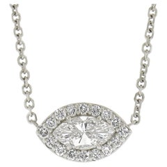NEW 14K Gold Marquise Diamond w/ Halo Eye Pendant & Adjustable Chain Necklace