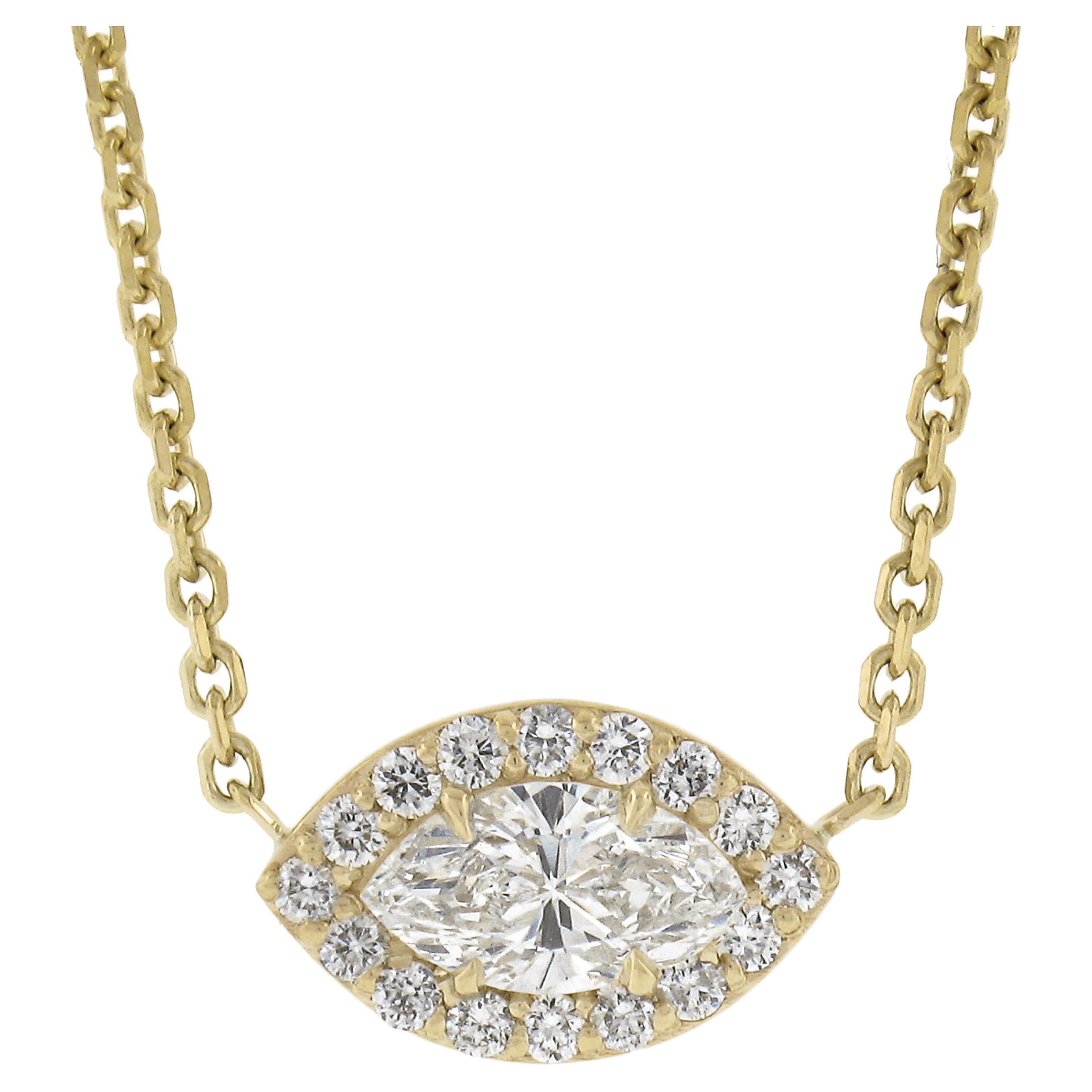 NEW 14K Gold Marquise Diamond w/ Halo Eye Pendant & Adjustable Chain Necklace For Sale