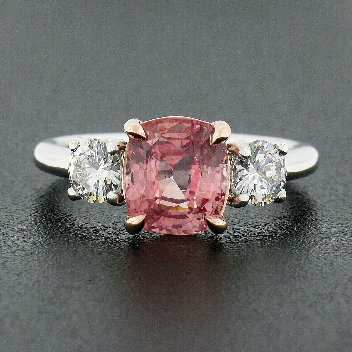 New 14k Gold & Platinum AGL No Heat Padparadscha Sapphire & Diamond 3 Stone Ring In New Condition In Montclair, NJ