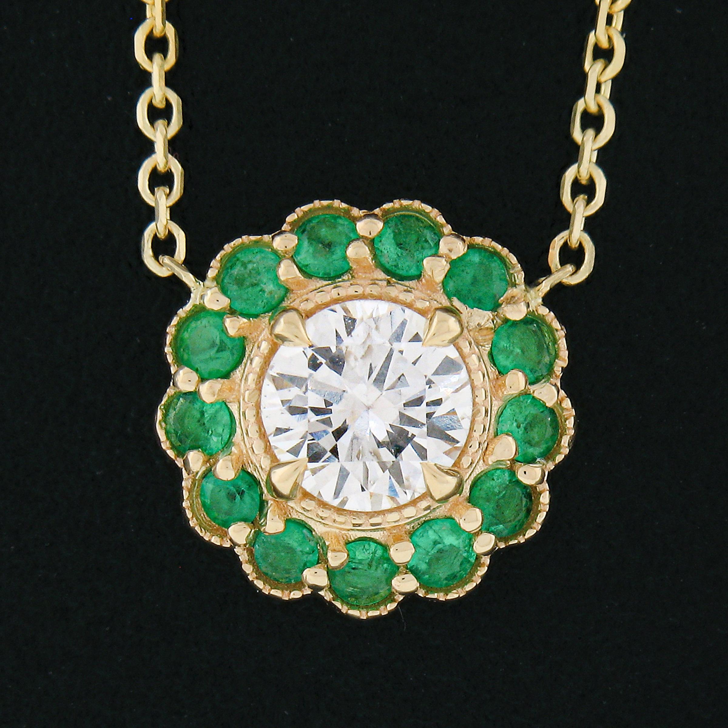 Round Cut NEW 14K Gold Round Diamond & Emerald Halo w/ Milgrain Flower Pendant & Chain For Sale