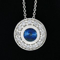New 14K Gold Round Sapphire Diamond Halo w/ Milgrain Slide Pendant & Chain