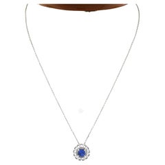 New 14K Gold Round Sapphire Diamond Halo W/ Milgrain Slide Pendant & Chain