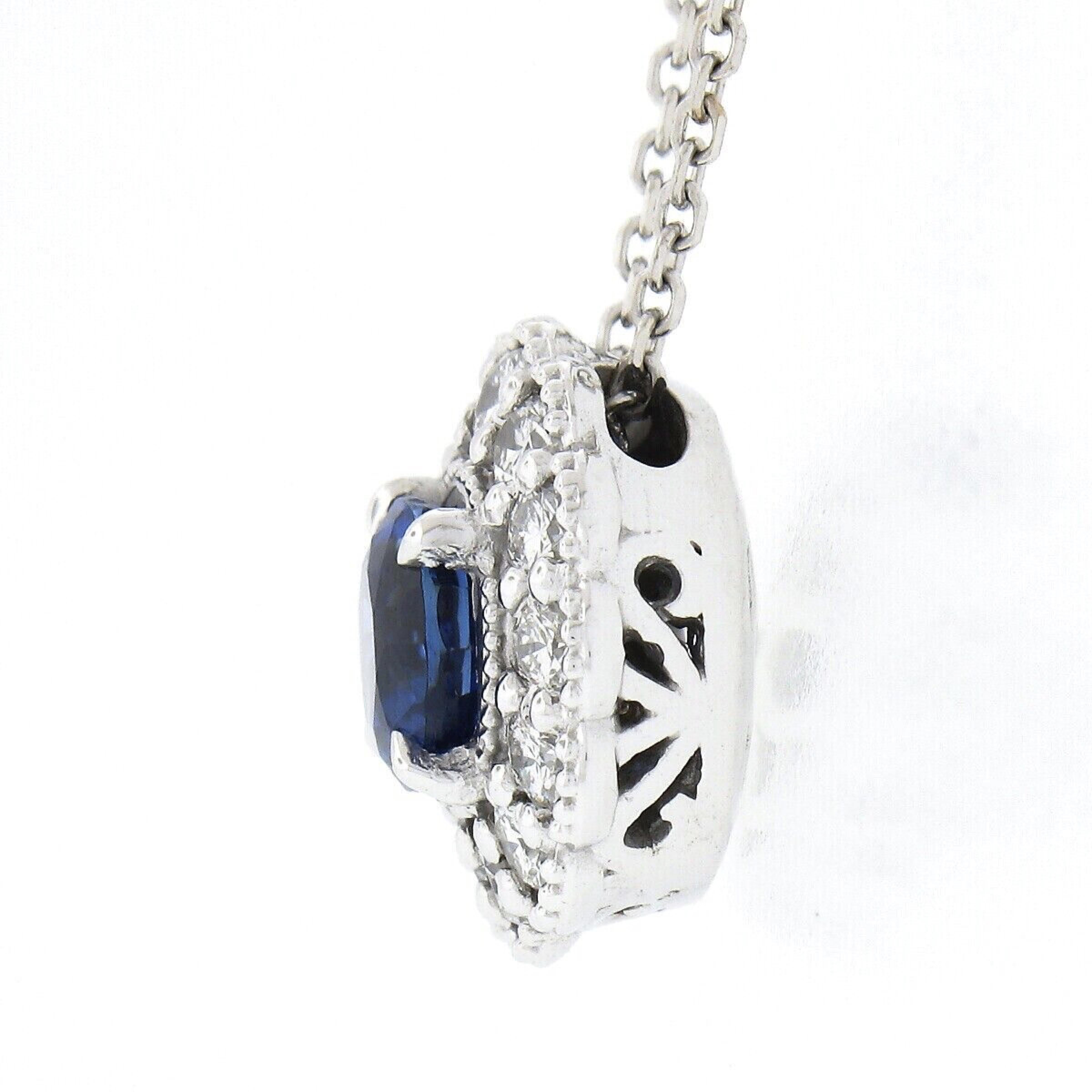 Women's New 14K Gold Round Sapphire Diamond Halo W/ Milgrain Slide Pendant & Chain For Sale