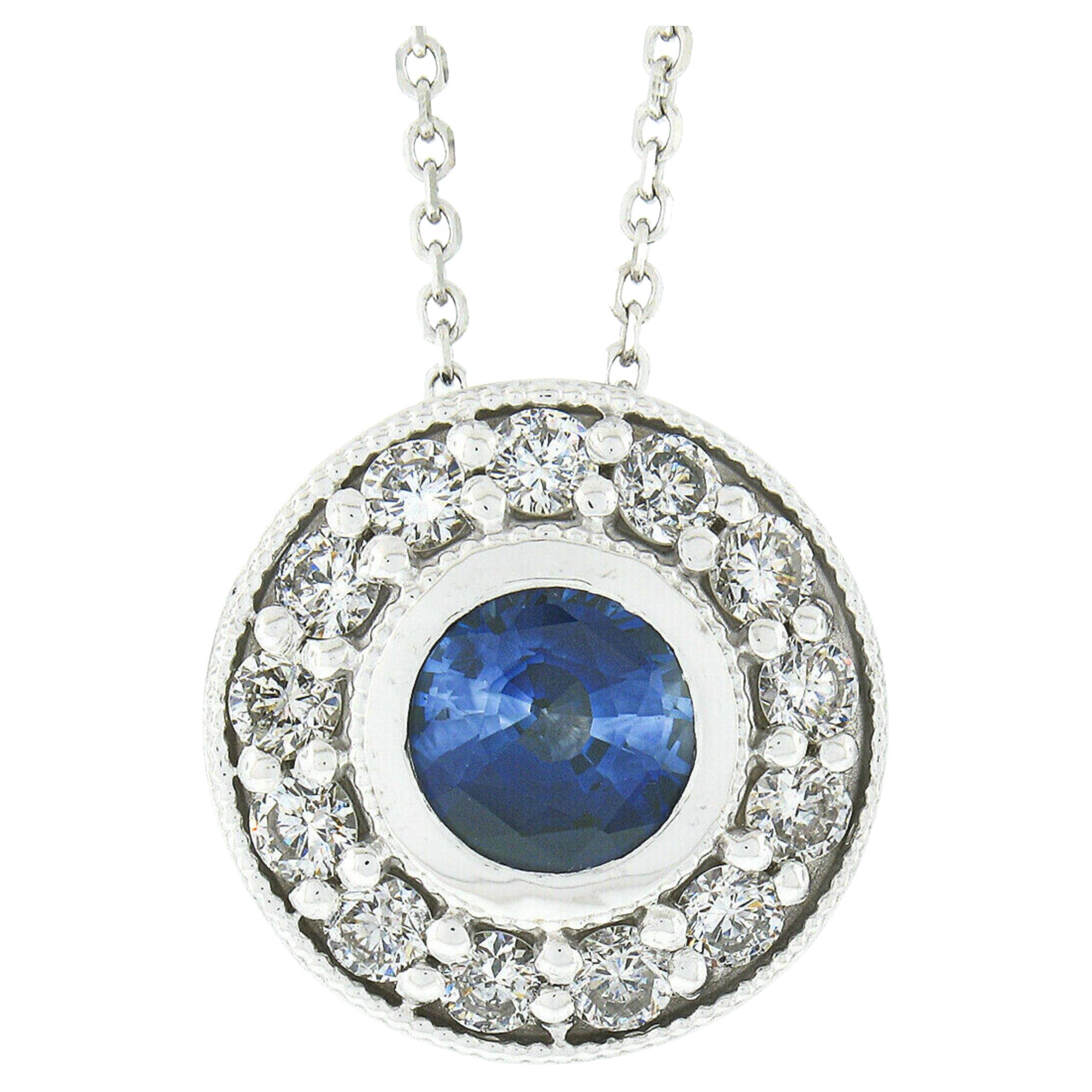 New 14K Gold Round Sapphire Diamond Halo w/ Milgrain Slide Pendant & Chain