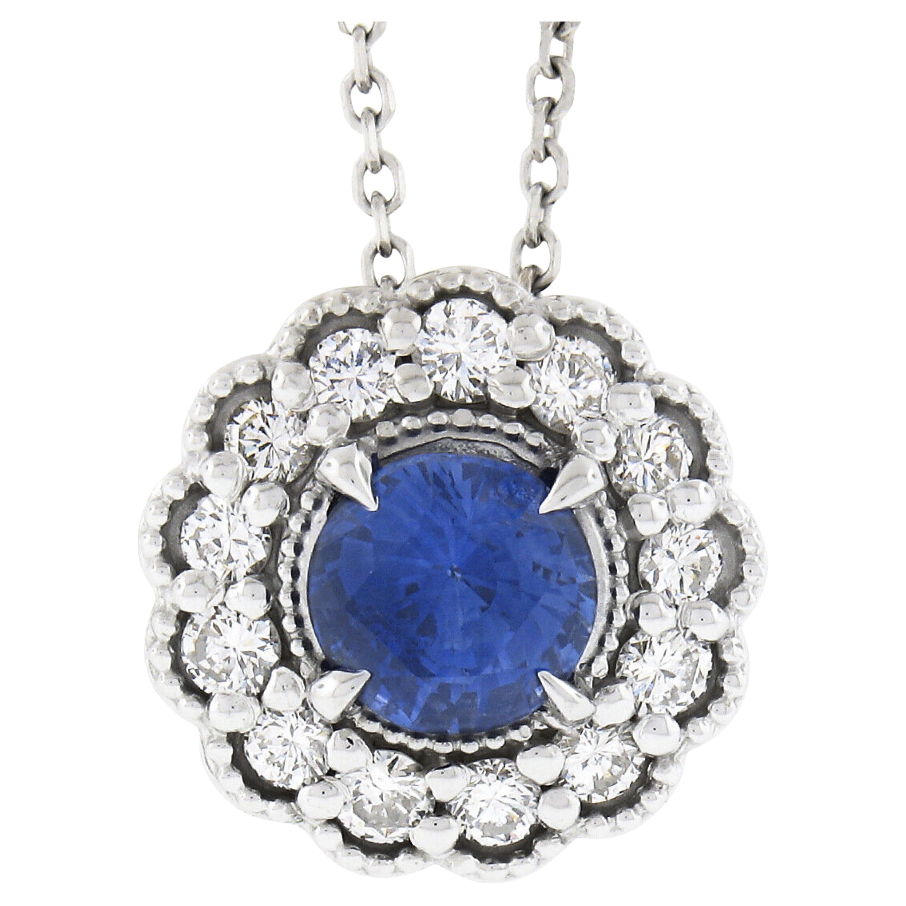 New 14K Gold Round Sapphire Diamond Halo W/ Milgrain Slide Pendant & Chain