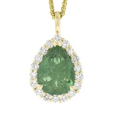 New 14k Gold SSEF Pear Teardrop Emerald Solitaire & Diamond Halo Pendant & Chain
