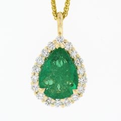 New 14k Gold SSEF Pear Teardrop Emerald Solitaire & Diamond Halo Pendant & Chain