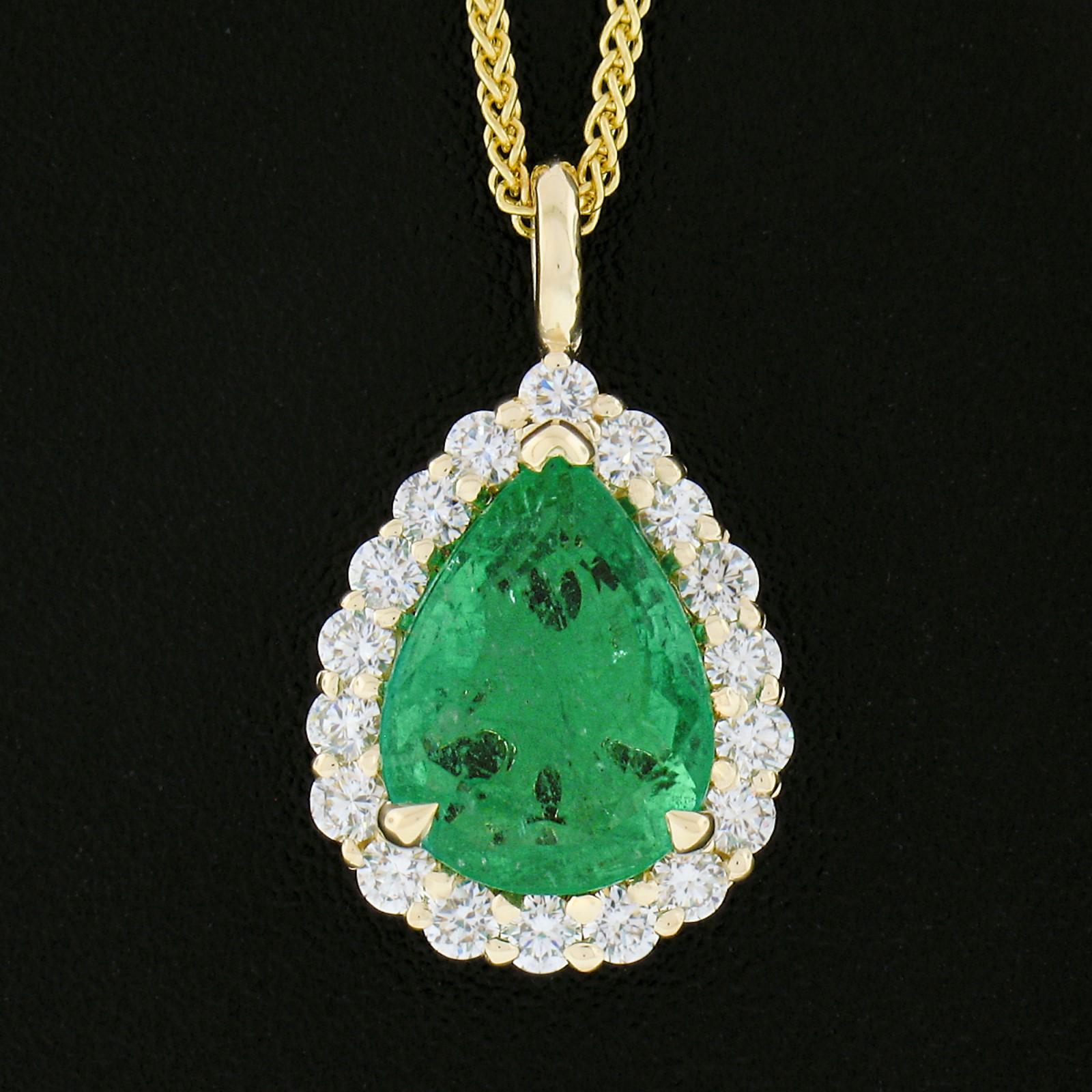 Pear Cut New 14k Gold SSEF Pear Teardrop Emerald Solitaire & Diamond Halo Pendant & Chain For Sale